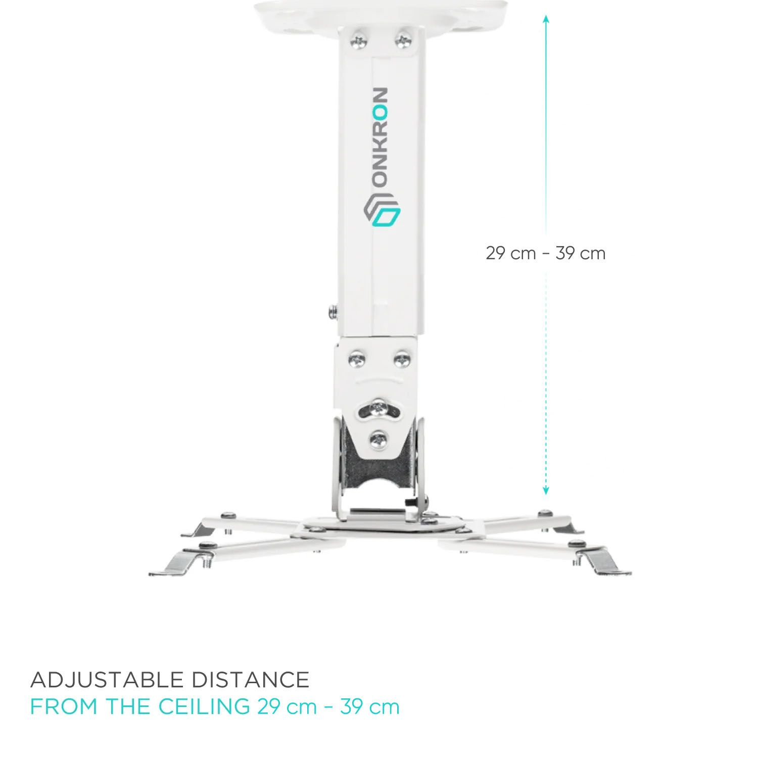 Un supporto per proiettore bianco con altezza regolabile da 29 cm a 39 cm, su sfondo bianco.