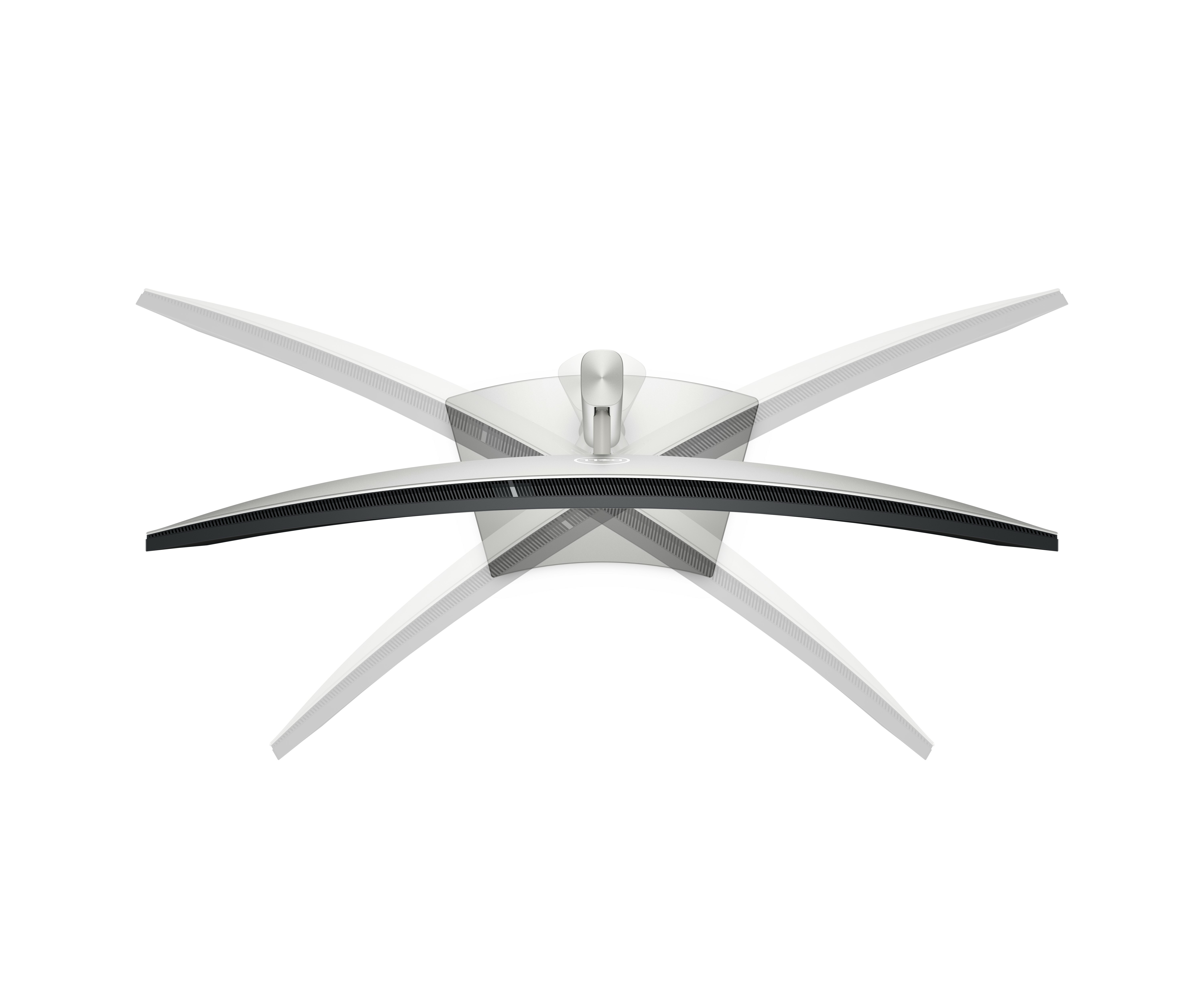 Widok z góry na zakrzywiony monitor komputera ze srebrną podstawą i białymi wspornikami.