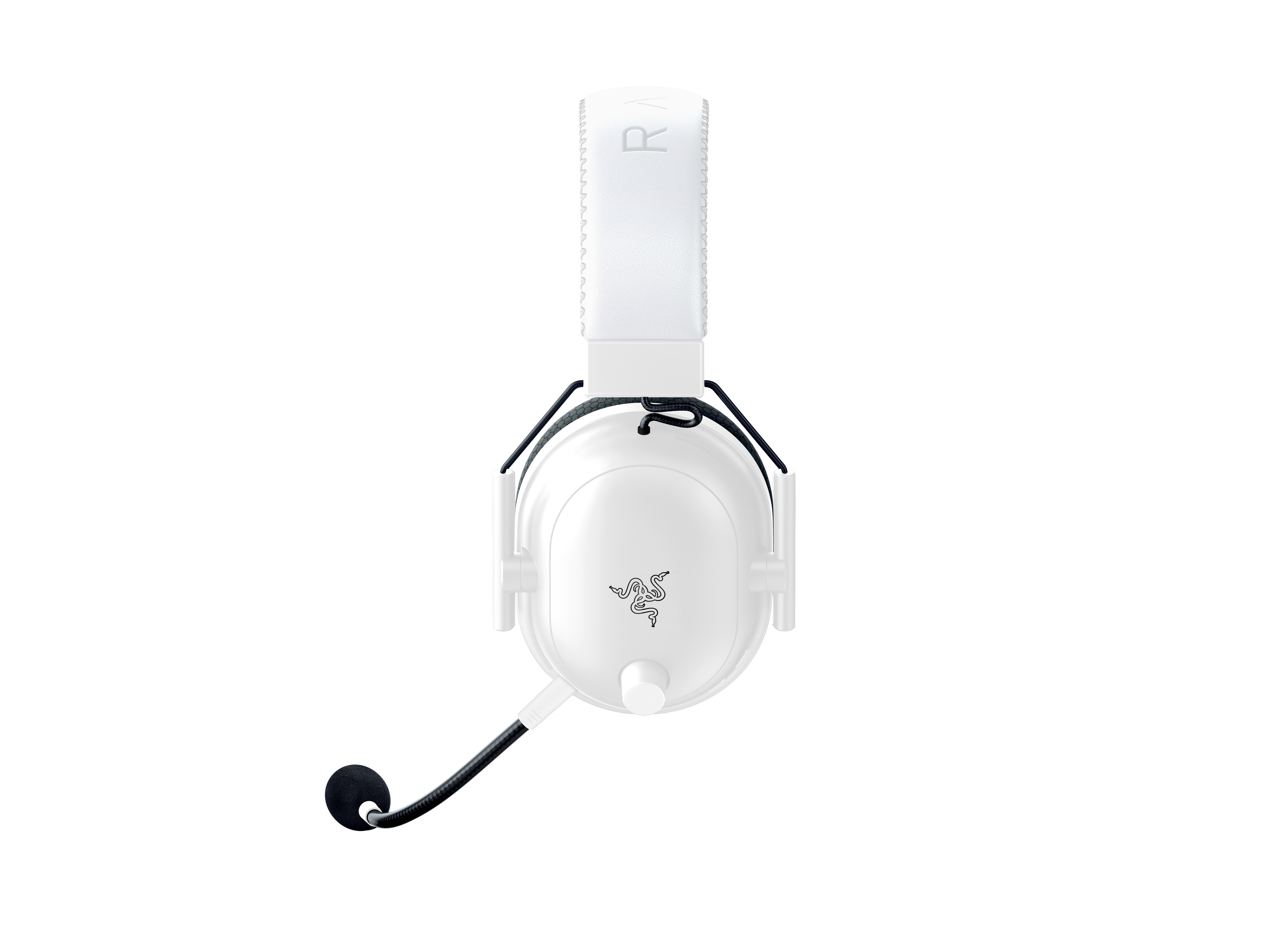 Biały zestaw słuchawkowy do gier z mikrofonem. Zestaw słuchawkowy ma logo Razer z boku.