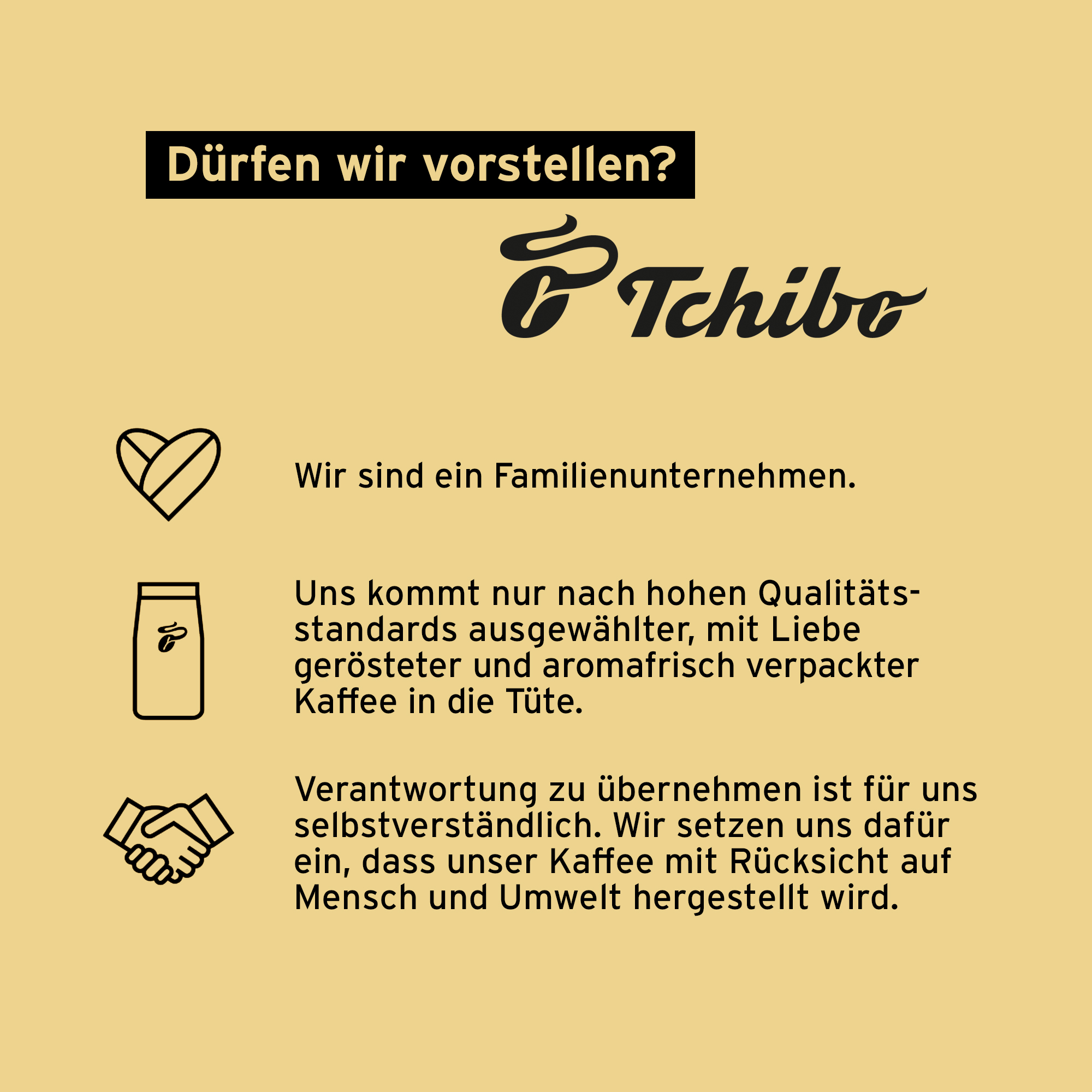Text mit Logo, über Familienunternehmen und hochwertigen Kaffee in der Tüte.