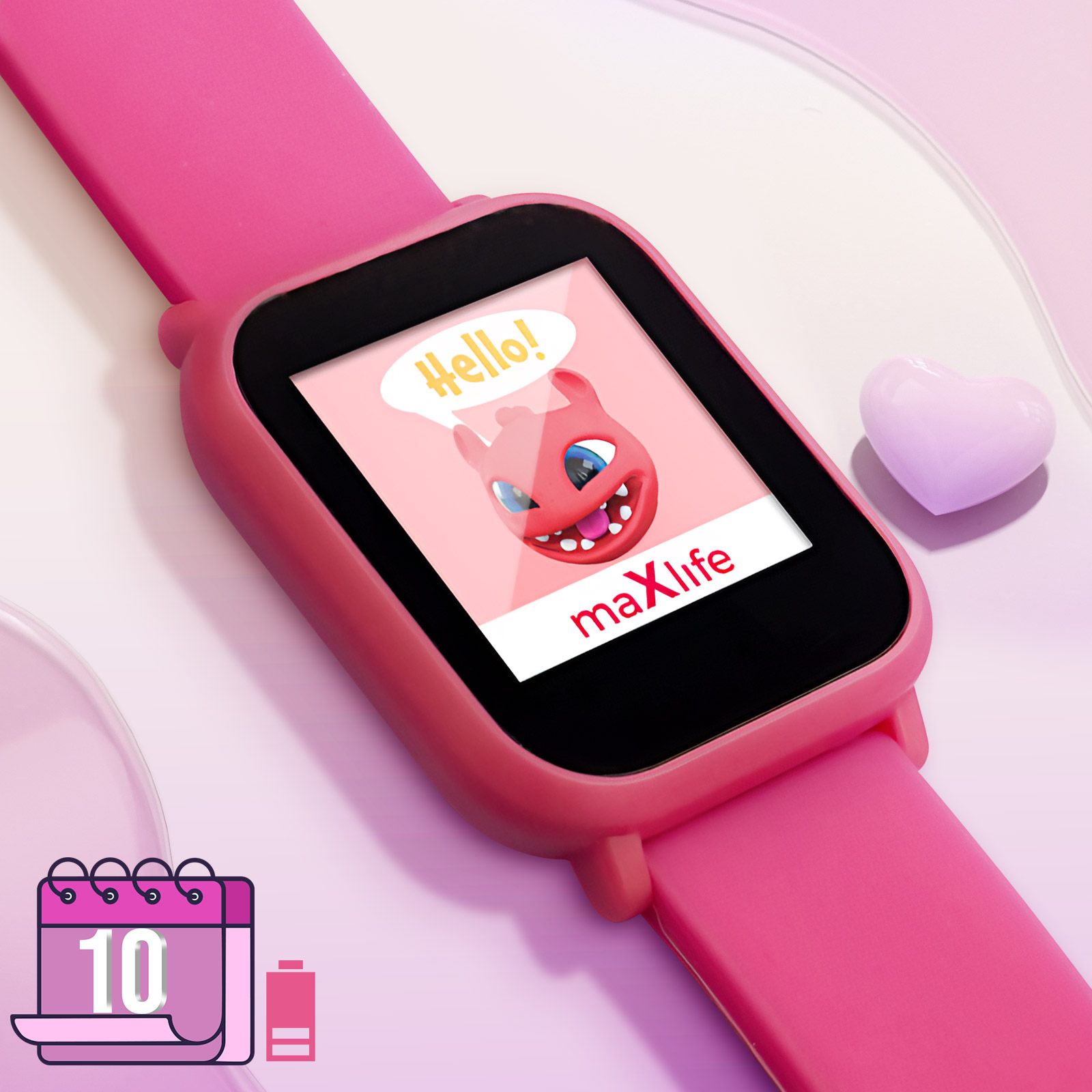 Różowy smartwatch wyświetlający kreskówkowego misia mówiącego 'Cześć!' z ikoną kalendarza i baterii.