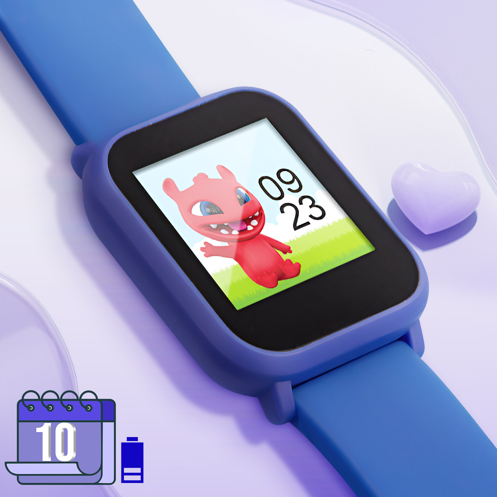 Niebieski smartwatch dla dzieci z kreskówką na ekranie, ikoną kalendarza i ikoną baterii.