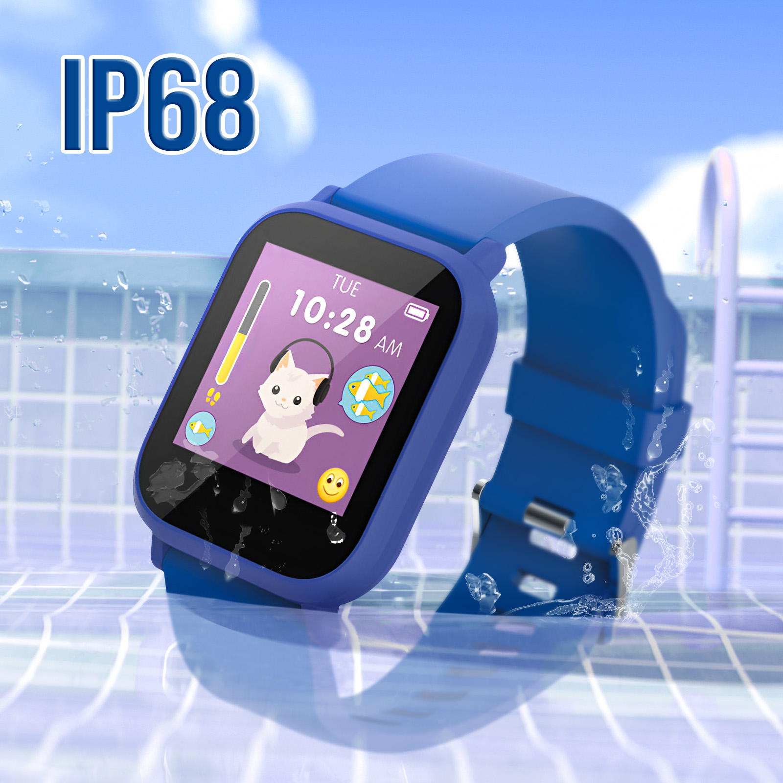 Niebieski smartwatch z kreskówkowym kotem na ekranie. Wyświetlacz pokazuje czas i baterię. Widoczny tekst IP68.