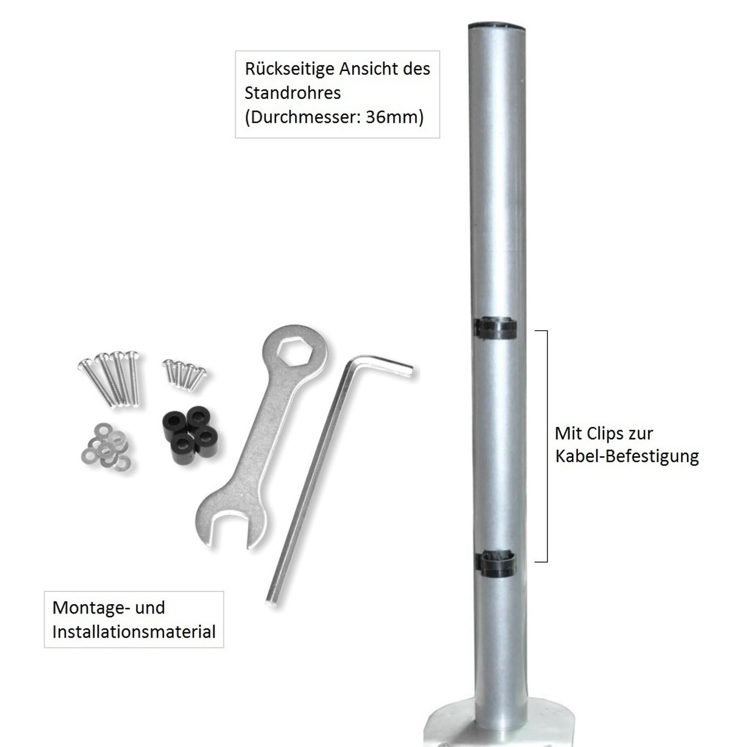Silberne Stange mit Zubehör, einschließlich Schraubenschlüssel und Schrauben. Text auf Deutsch.