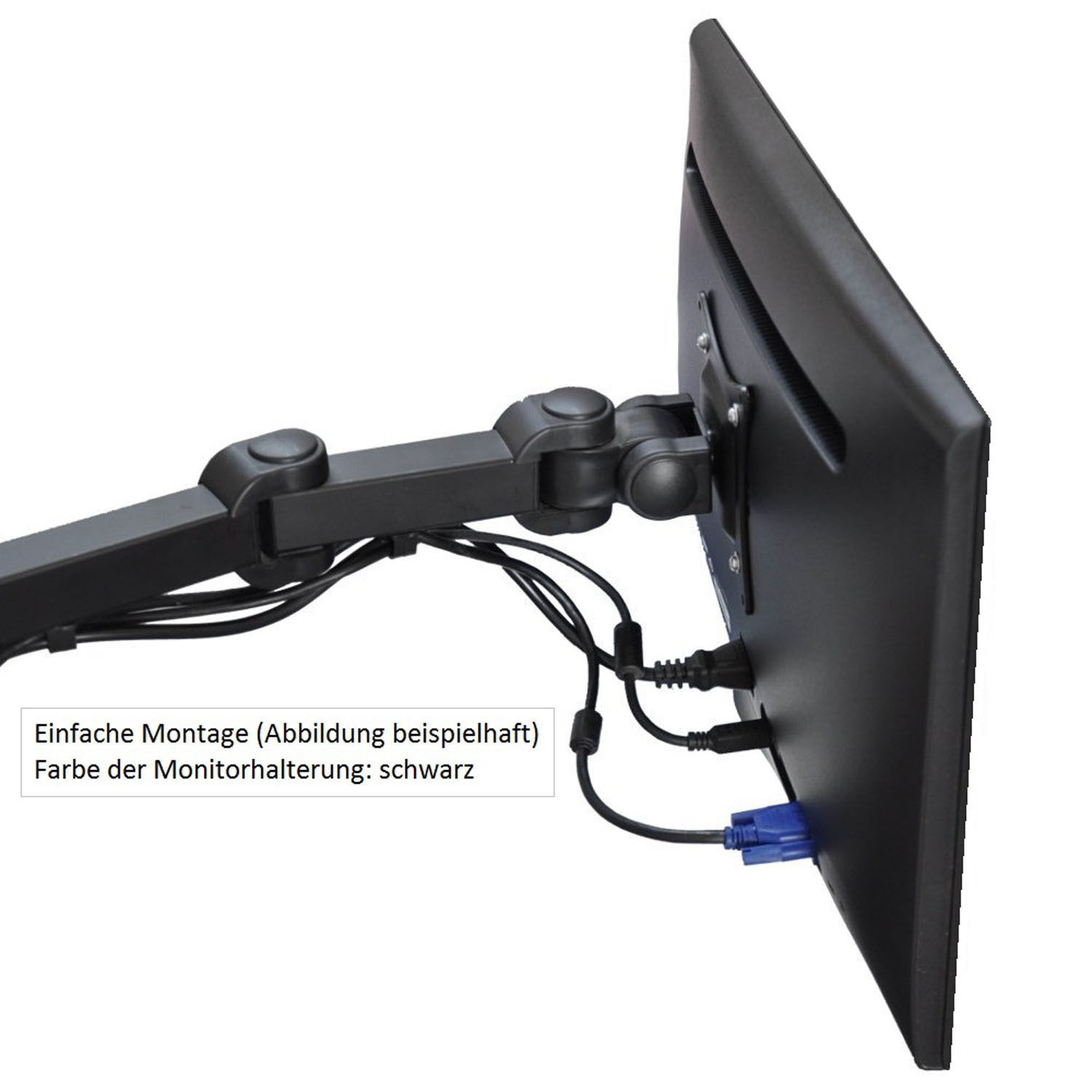 Schwarzer Monitorarm mit Kabeln, die an einen schwarzen Monitor angeschlossen sind.