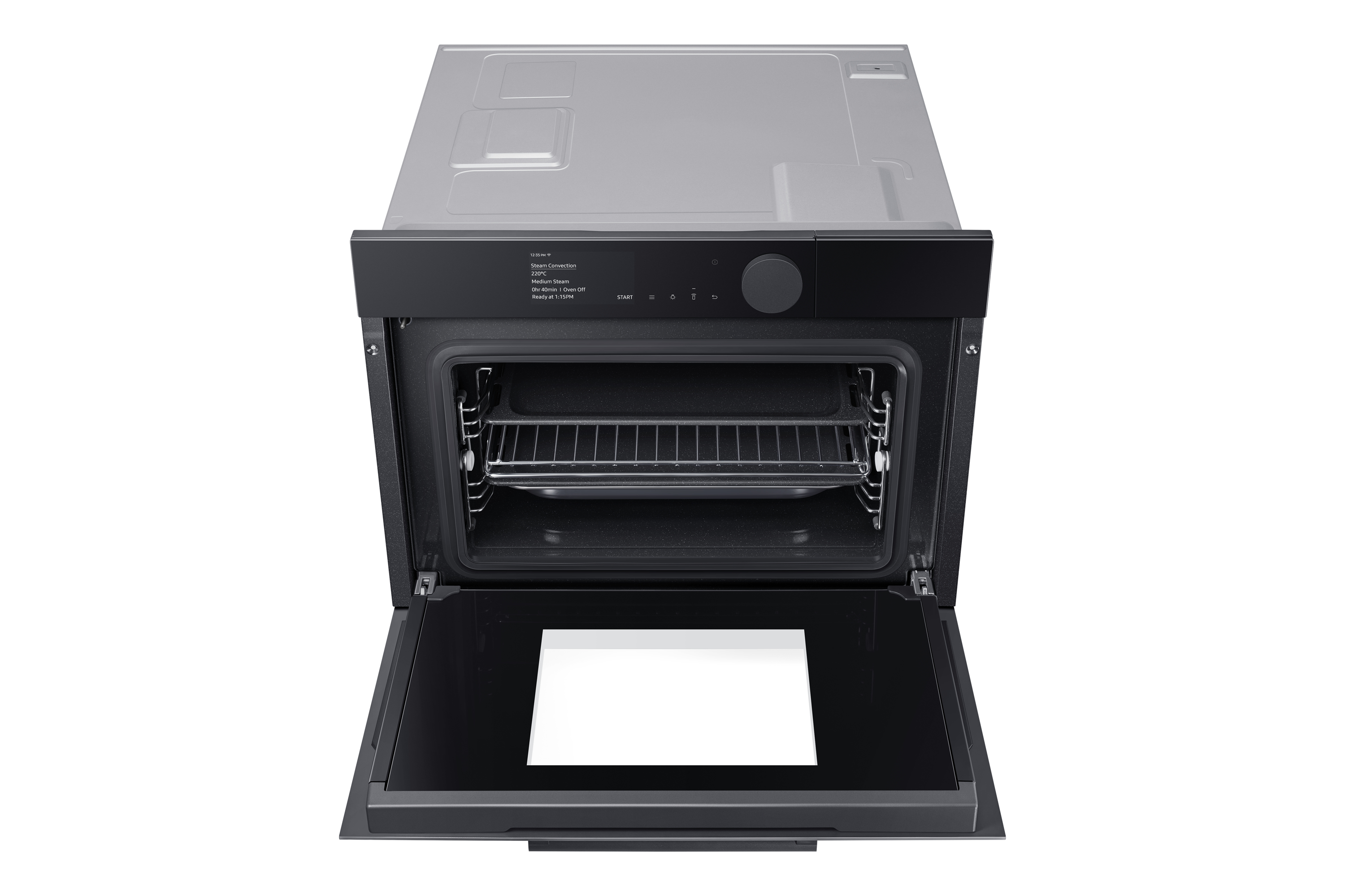 Un forno nero aperto con griglie e porta a vetro. Lo sportello è giù, mostra l'interno.