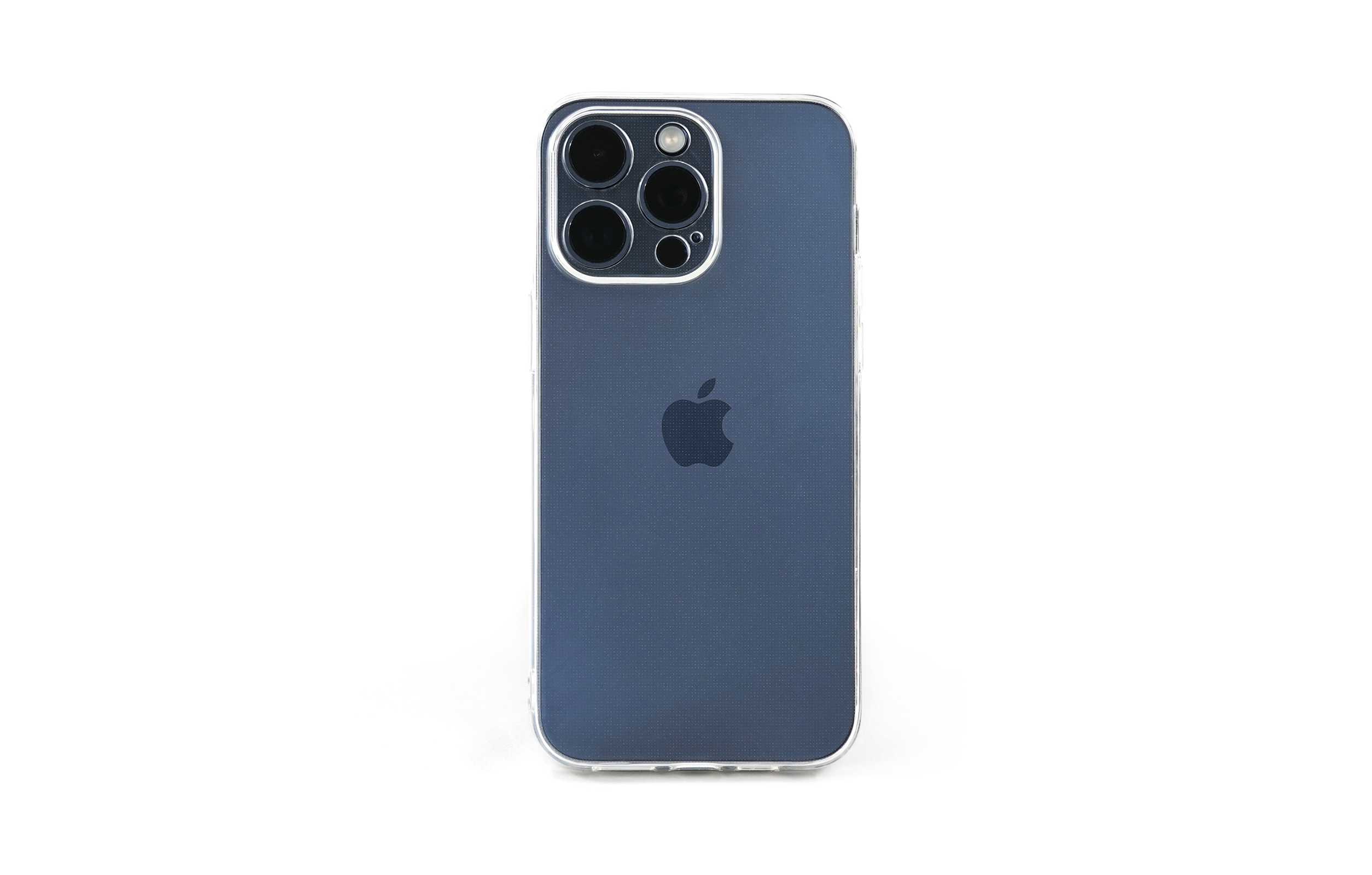 Blaues iPhone mit Dreifachkamera auf weißem Hintergrund. Apple-Logo sichtbar.