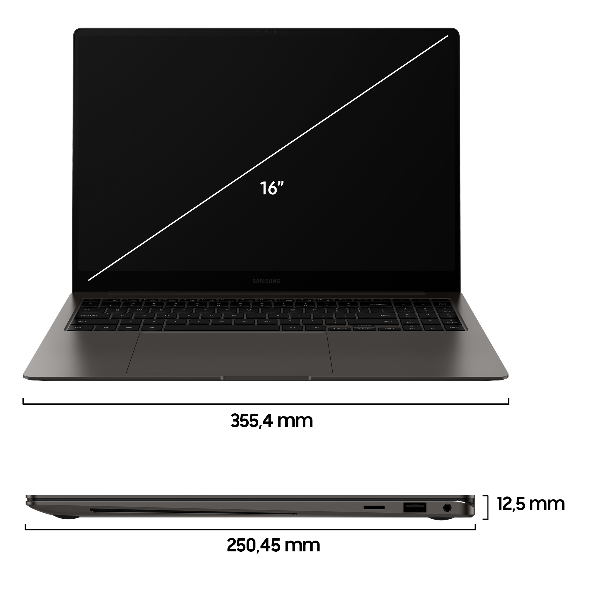 Un laptop con schermo da 16" e dimensioni espresse in mm.