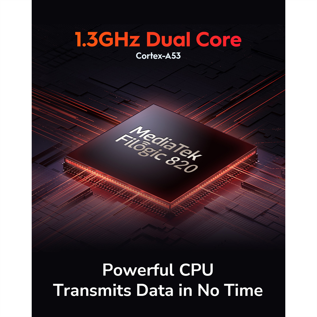 Układ CPU z tekstem MediaTek Filogic 820. Czerwone linie. Czarne tło. 1,3 GHz Dual Core.