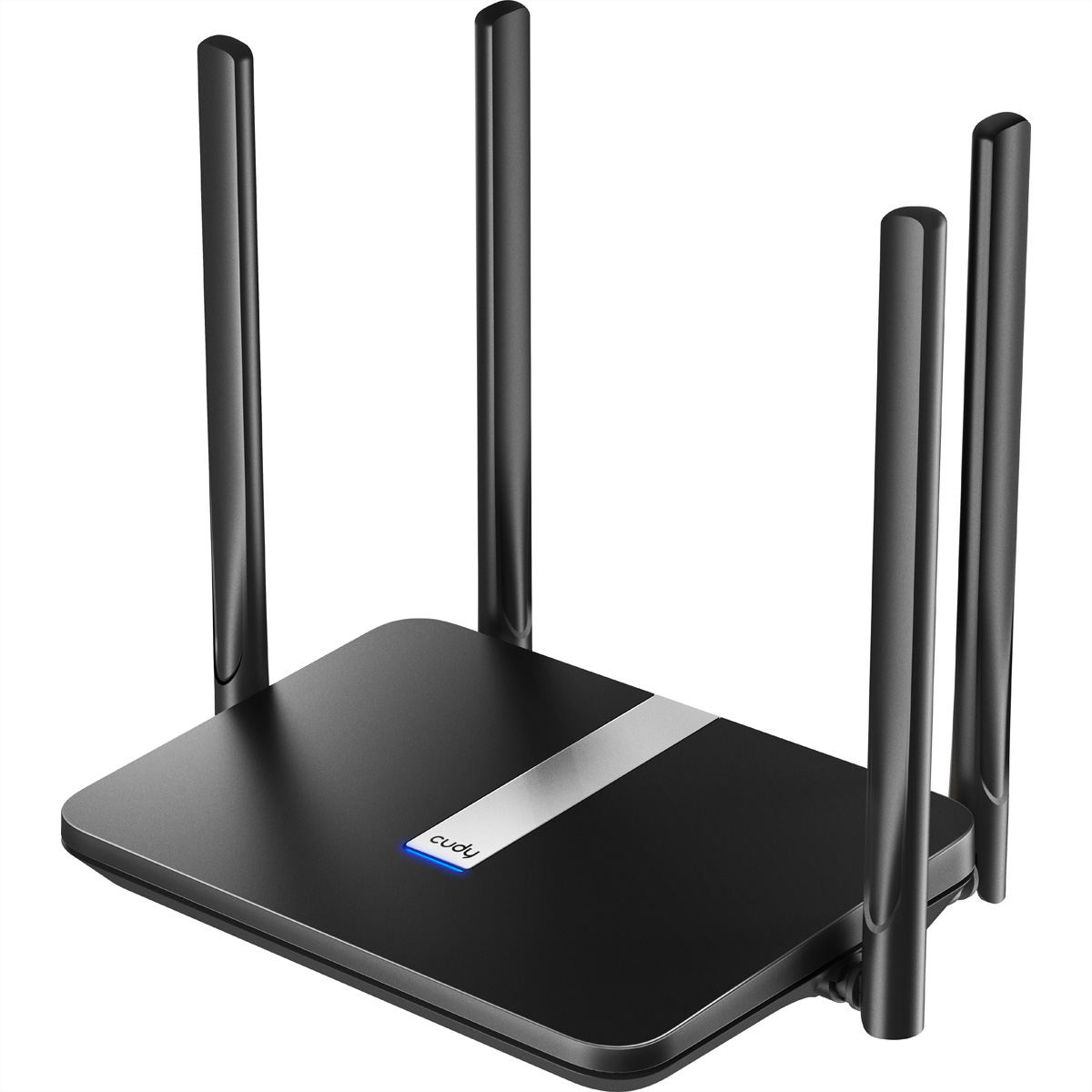 Routeur noir avec quatre antennes, une bande argentée et le logo 'cudu'.
