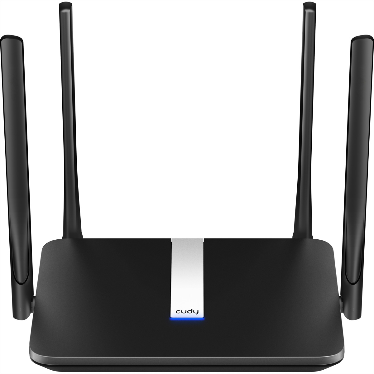 Un routeur noir avec quatre antennes, le mot 'cudy' est écrit à l'avant.