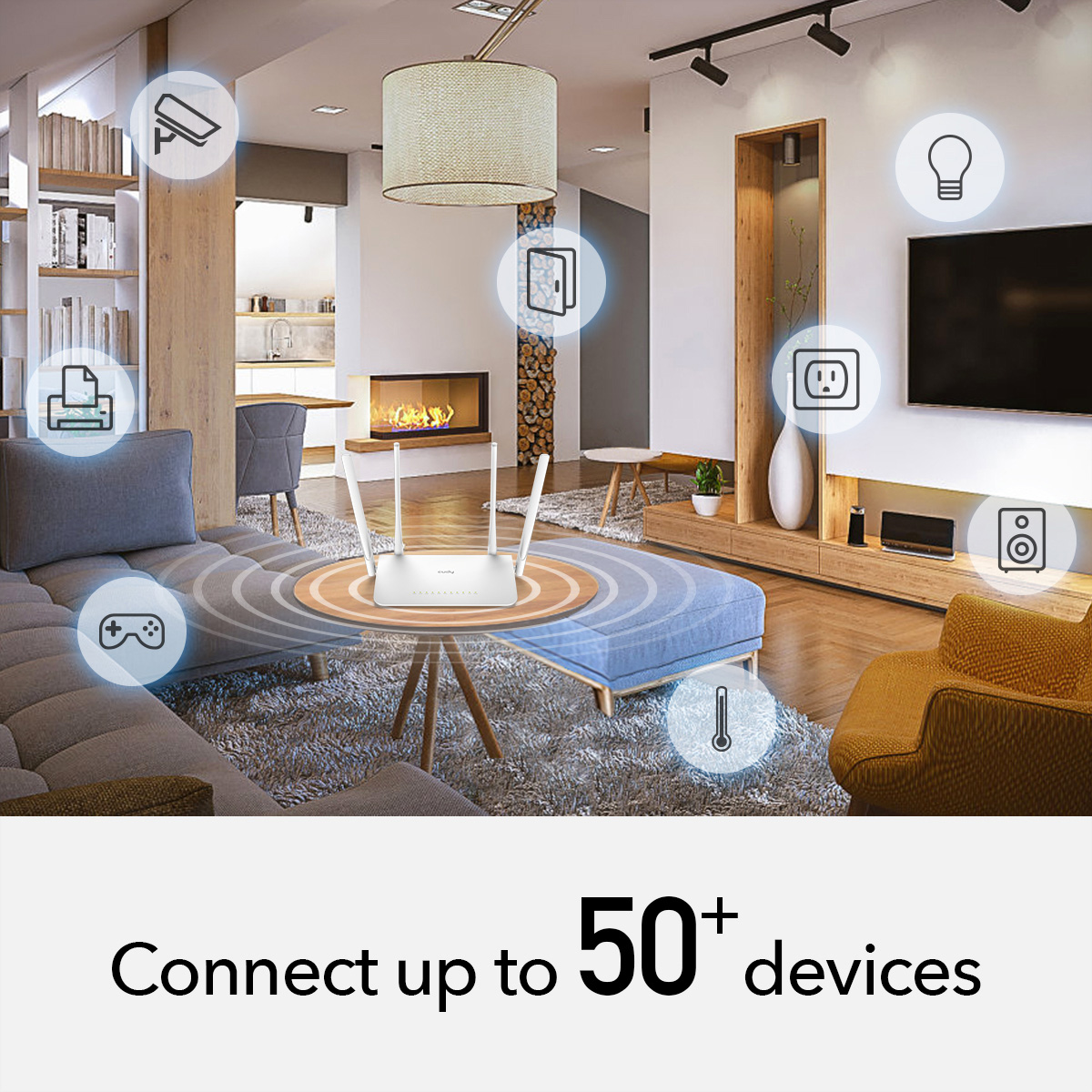 Een slimme woning met een router en aangesloten apparaten.