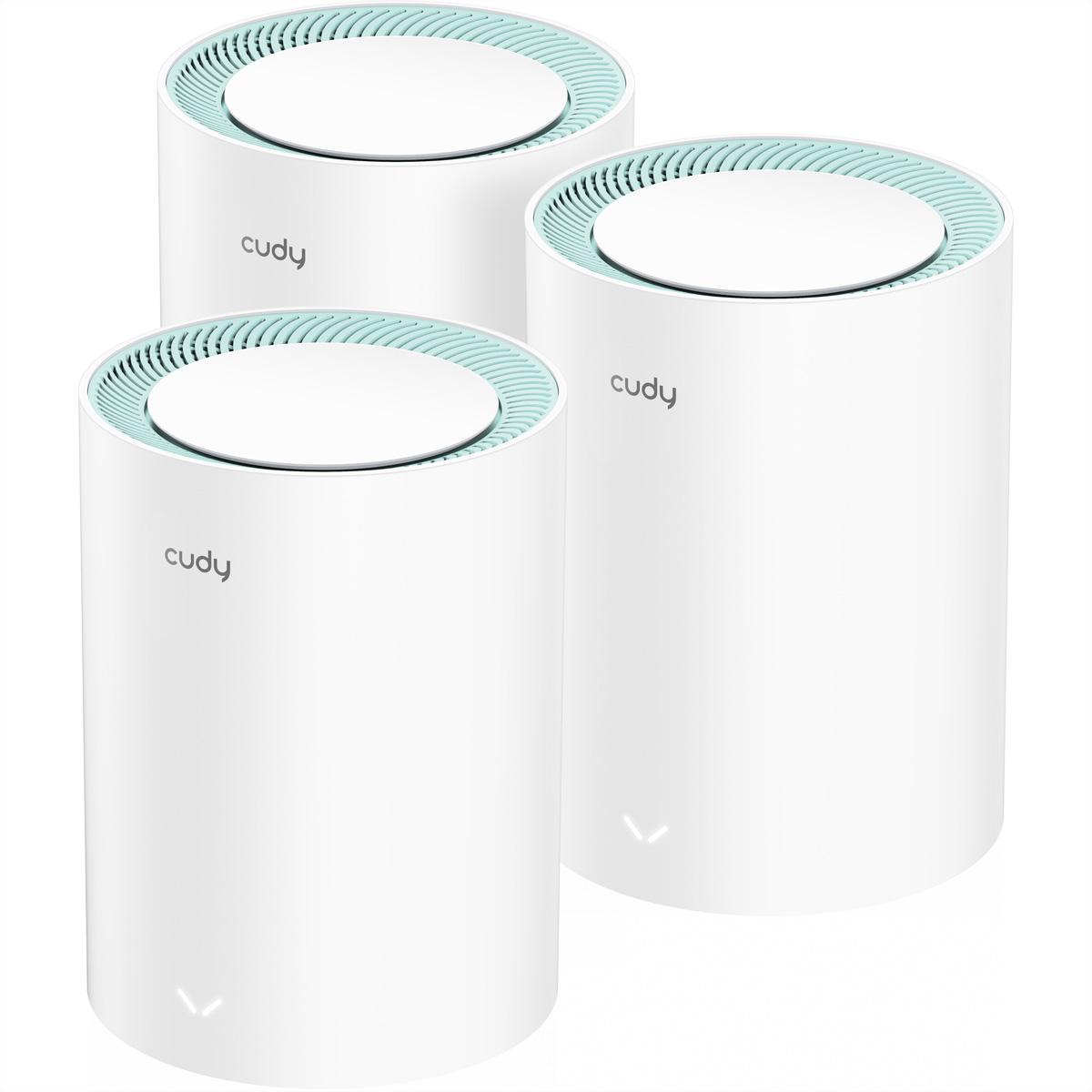Drei weiße zylindrische Cudy-Router mit cyanfarbenem Deckel, in einer Gruppe angeordnet.