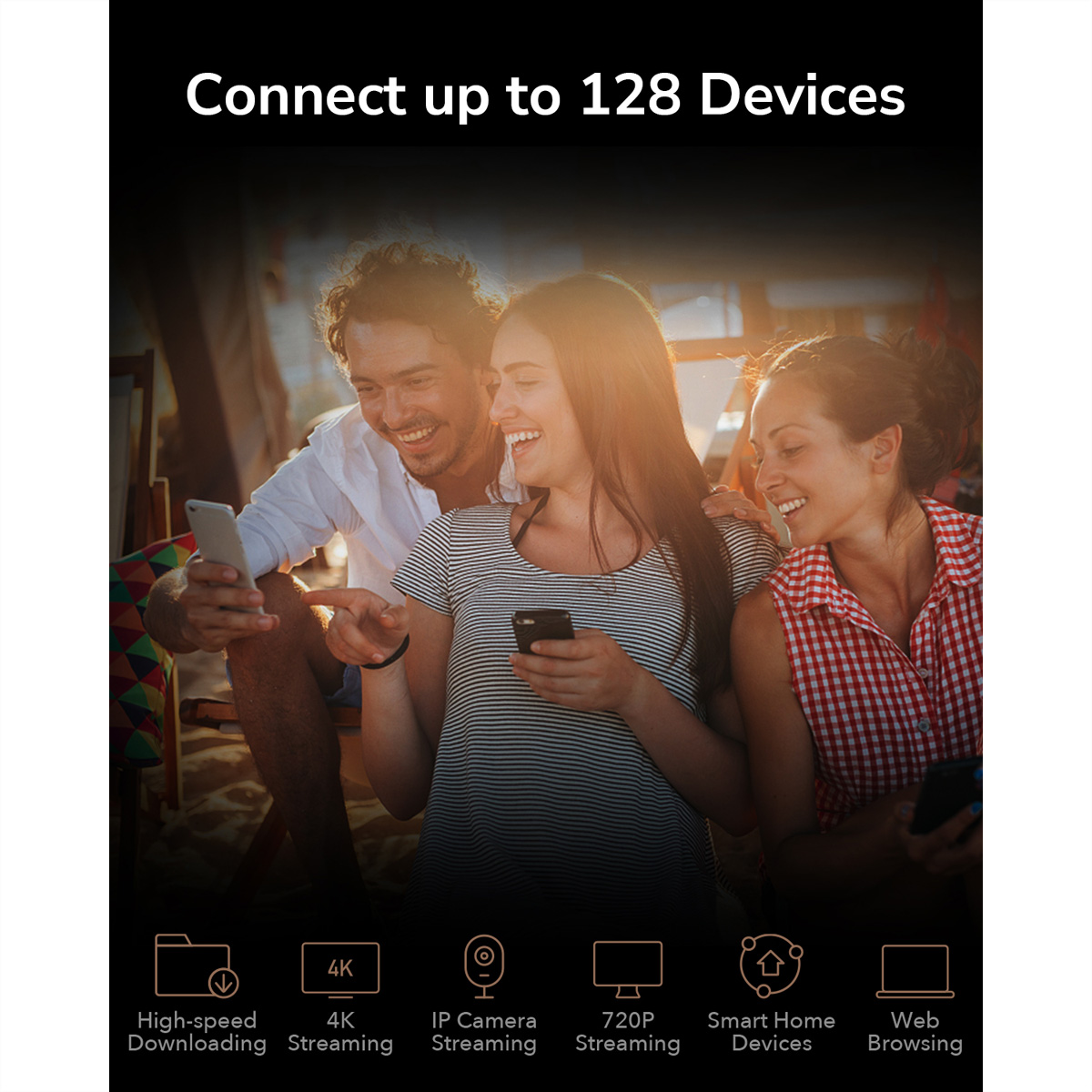 Des gens riant, utilisant des téléphones, avec des icônes pour le téléchargement à haut débit, le streaming 4K, etc.