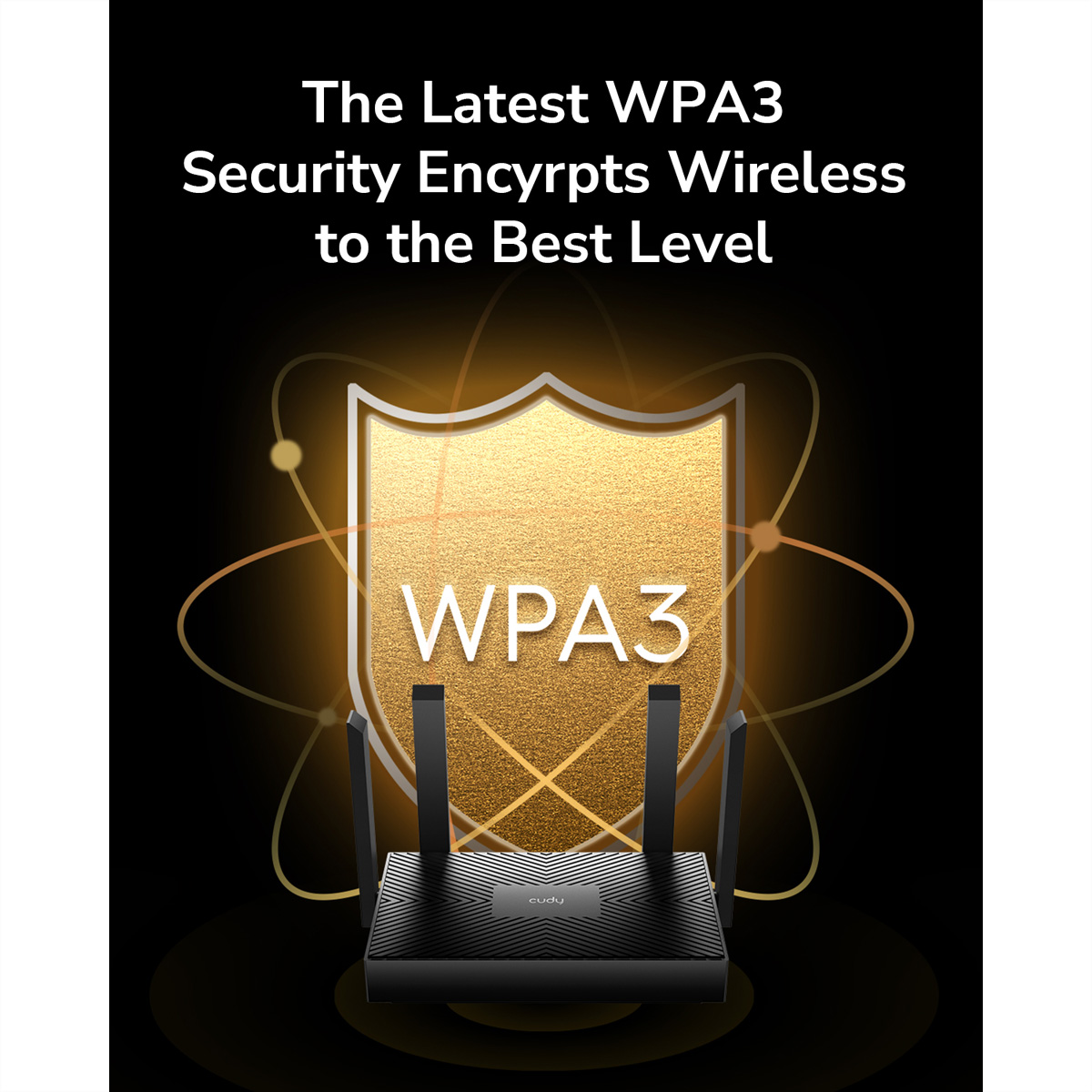 Routeur noir avec antennes, graphique de bouclier doré et texte : La dernière sécurité WPA3 crypte le sans fil.