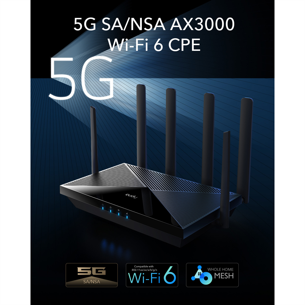 Router CPE 5G Wi-Fi 6 z antenami i marką na niebieskim tle.