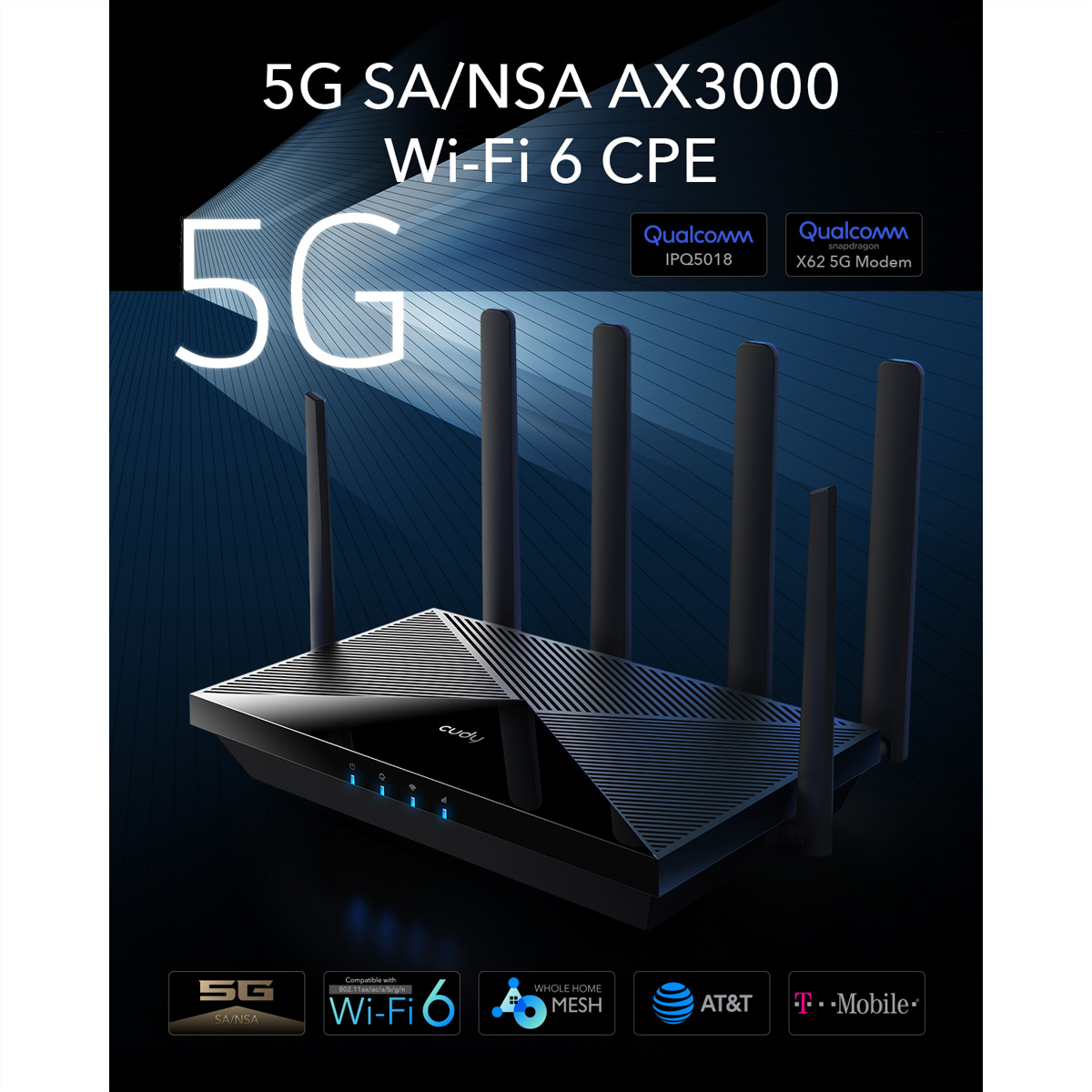 Czarny router Wi-Fi 6 z sześcioma antenami i etykietą 5G SA/NSA AX3000.