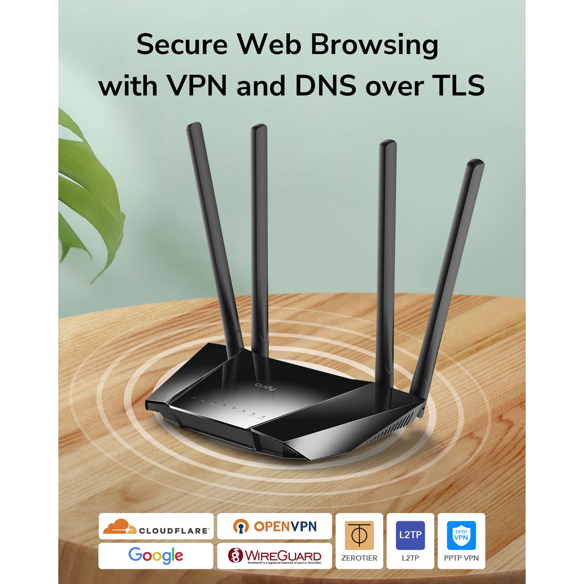 Schwarzer Router mit Antennen auf Holzoberfläche. Text: 'Sicheres Surfen mit VPN und DNS'.