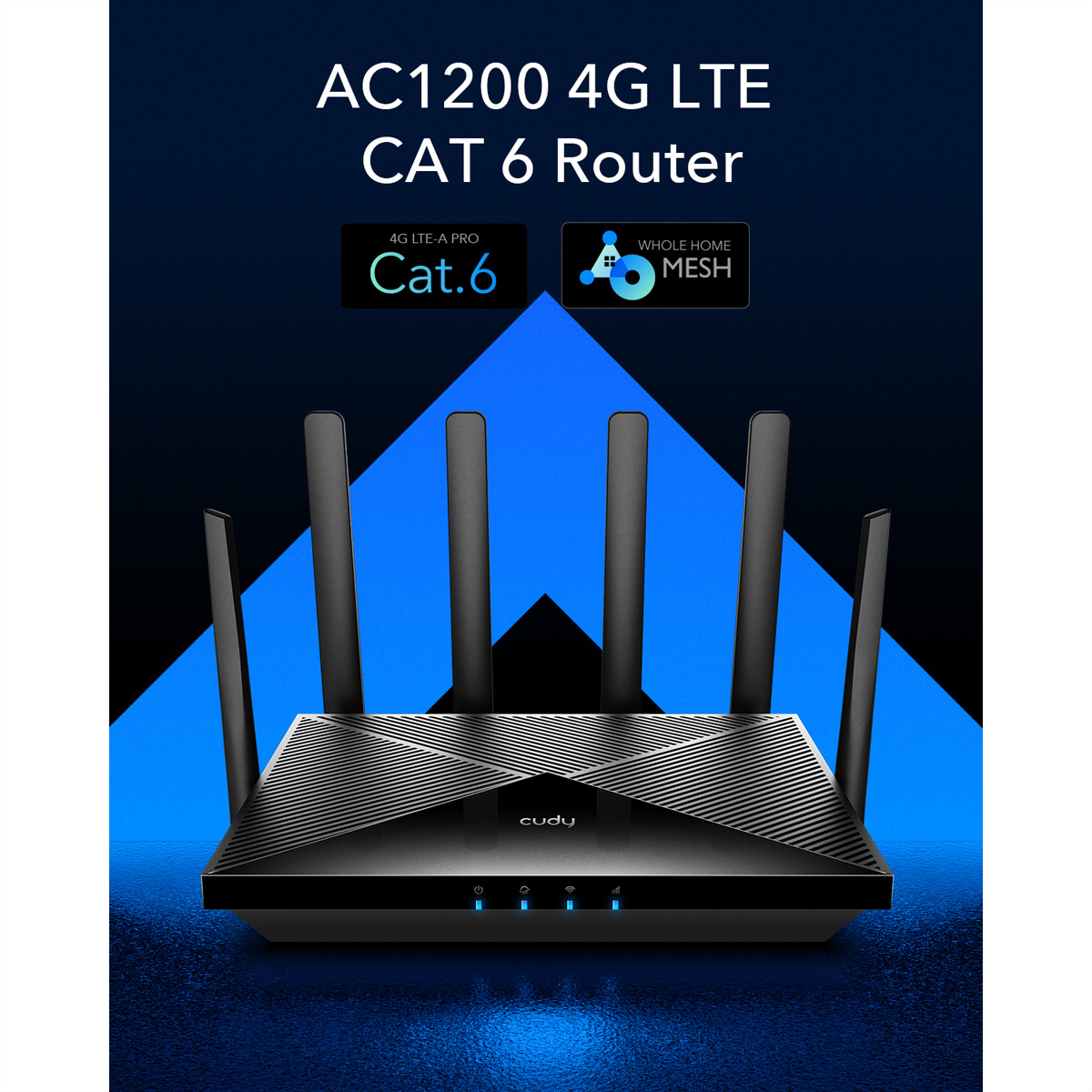 Ein schwarzer Router mit Antennen, beschriftet mit AC1200 4G LTE und Cat.6.
