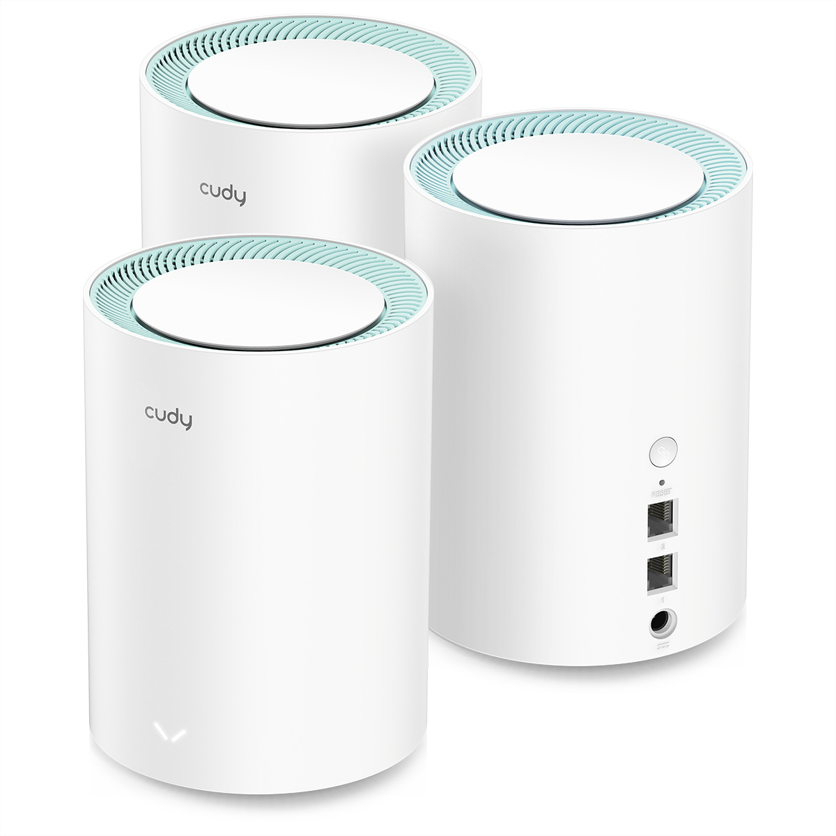 Drei weiße zylindrische Mesh-WLAN-Router mit blauen Akzenten, auf weißem Hintergrund.