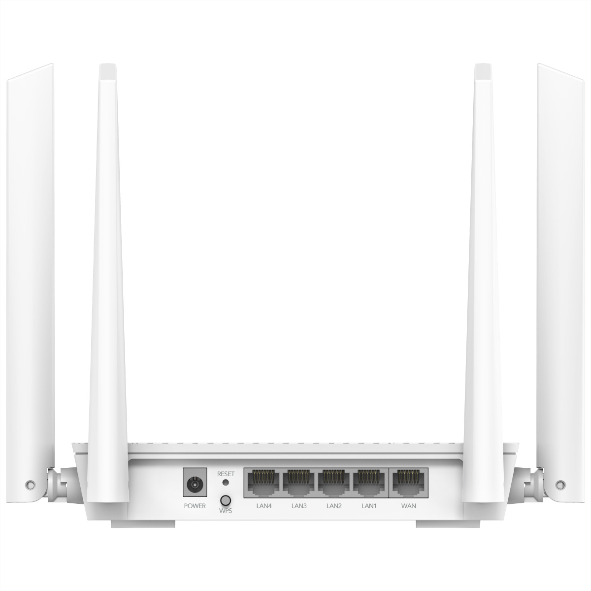 Un routeur blanc avec quatre antennes, montrant l'arrière avec les ports et les boutons.