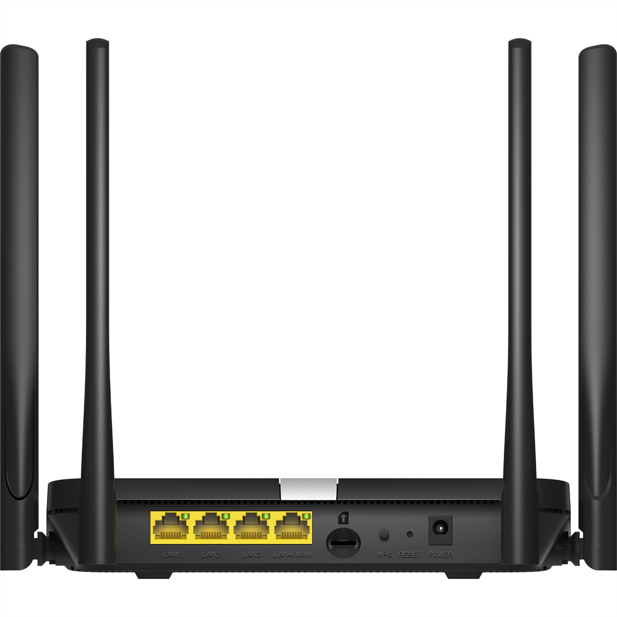 Routeur noir avec antennes, montrant le panneau arrière. Ports LAN jaunes, boutons d'alimentation et de réinitialisation.