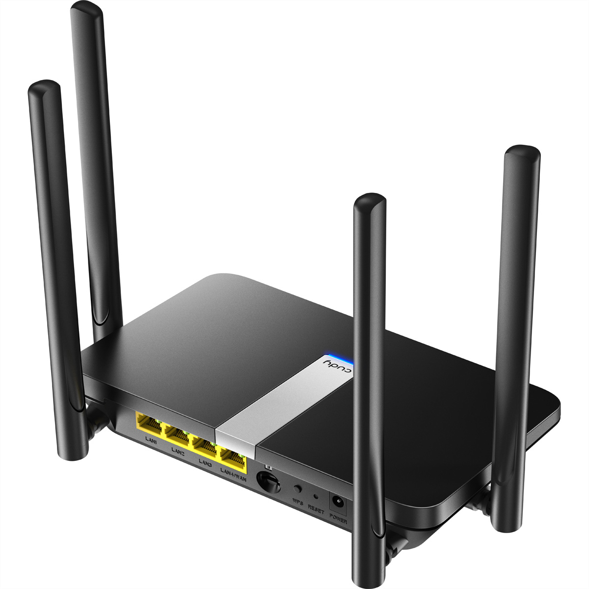 Routeur noir avec quatre antennes. Affiche les ports et les boutons. Étiquette blanche avec un logo.