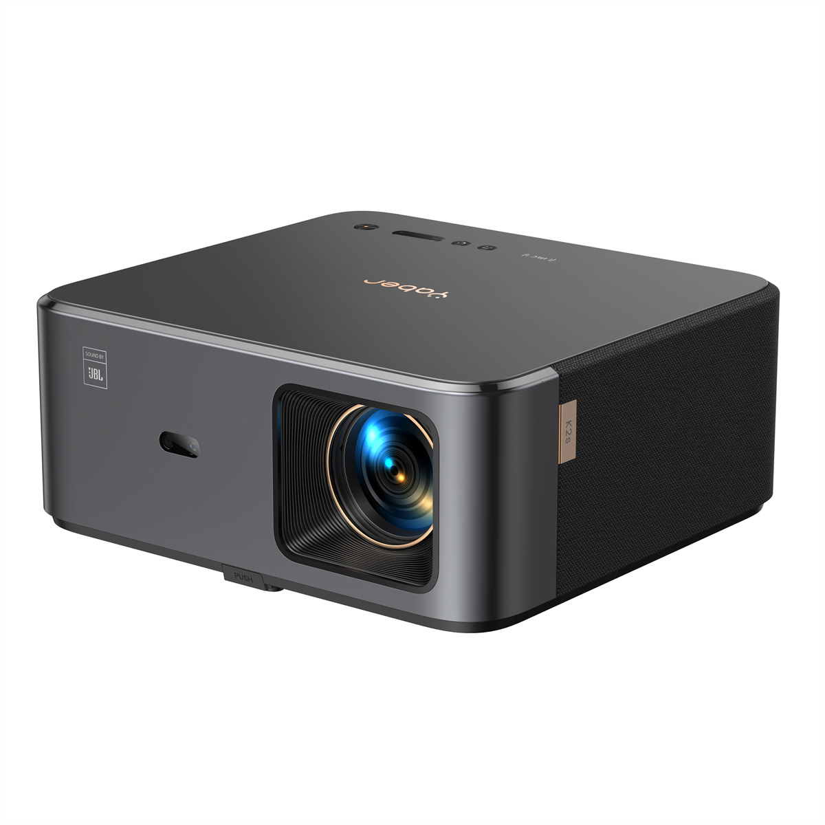 Czarny projektor z obiektywem i stroną z czarną siatkową teksturą. Marka jest widoczna.