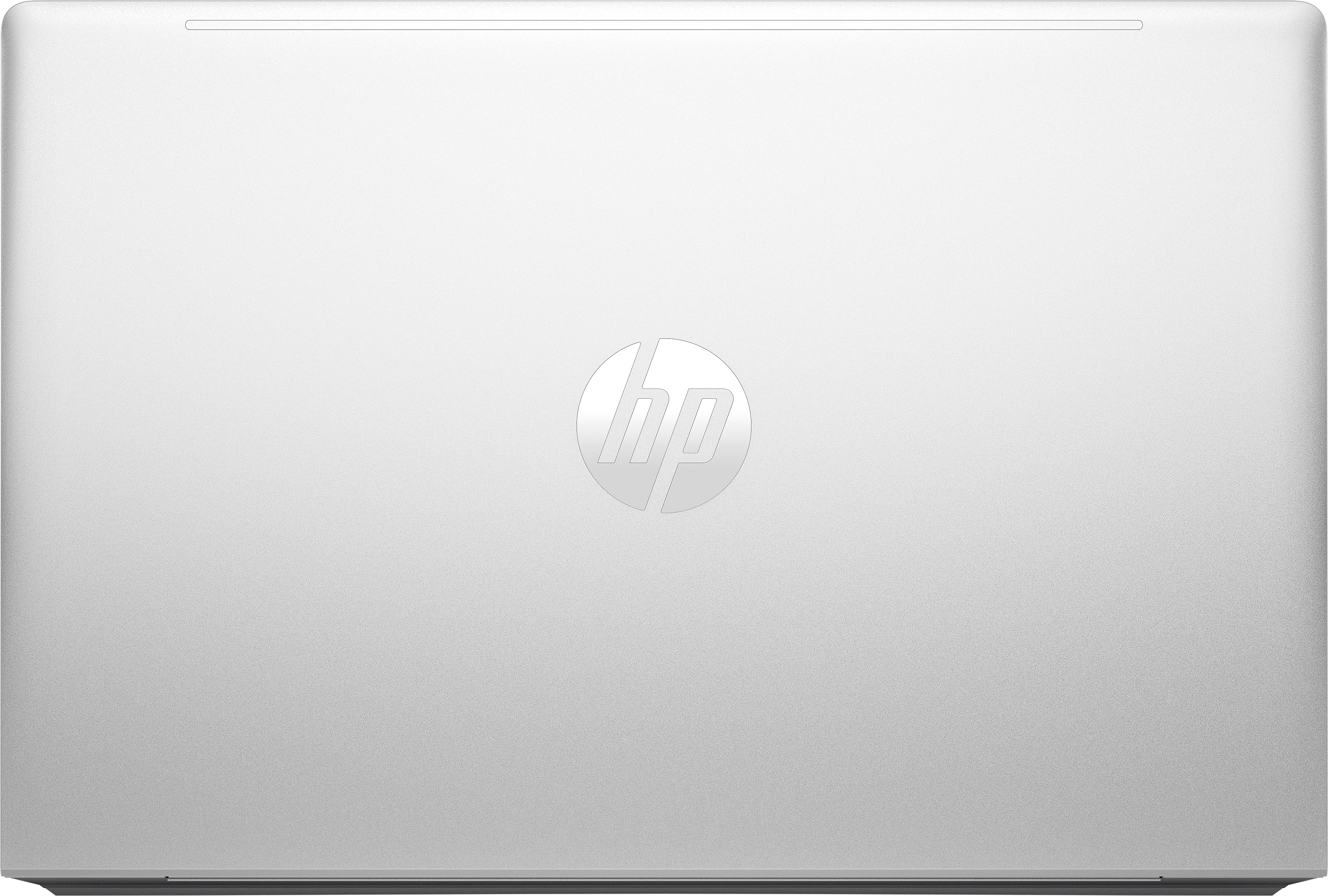 Portátil plateado con logo HP en la tapa. Vista superior, reflejo de luz. Fondo blanco.