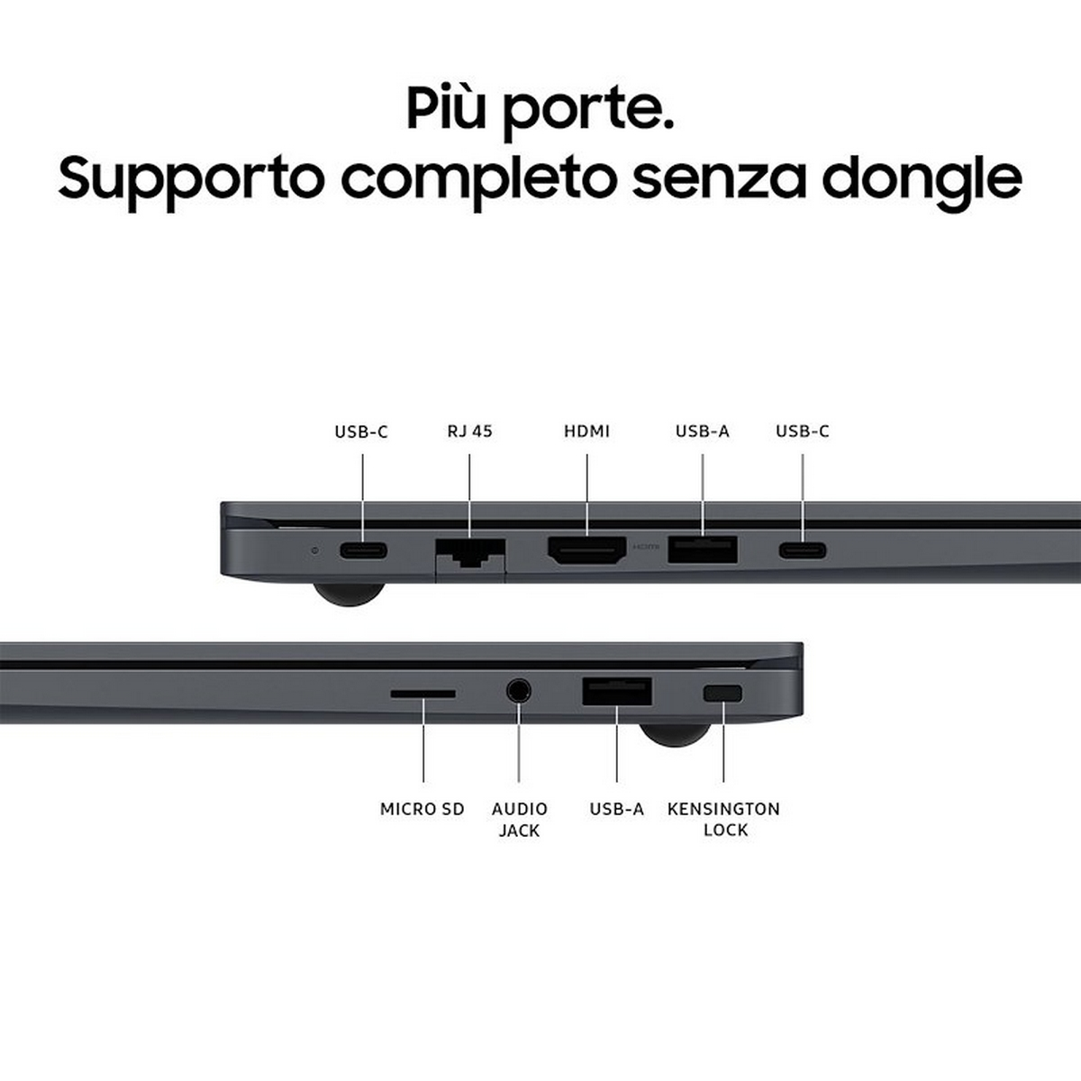 Porte del laptop etichettate USB-C, RJ45, HDMI, USB-A e altro. Primo piano dei lati del laptop.