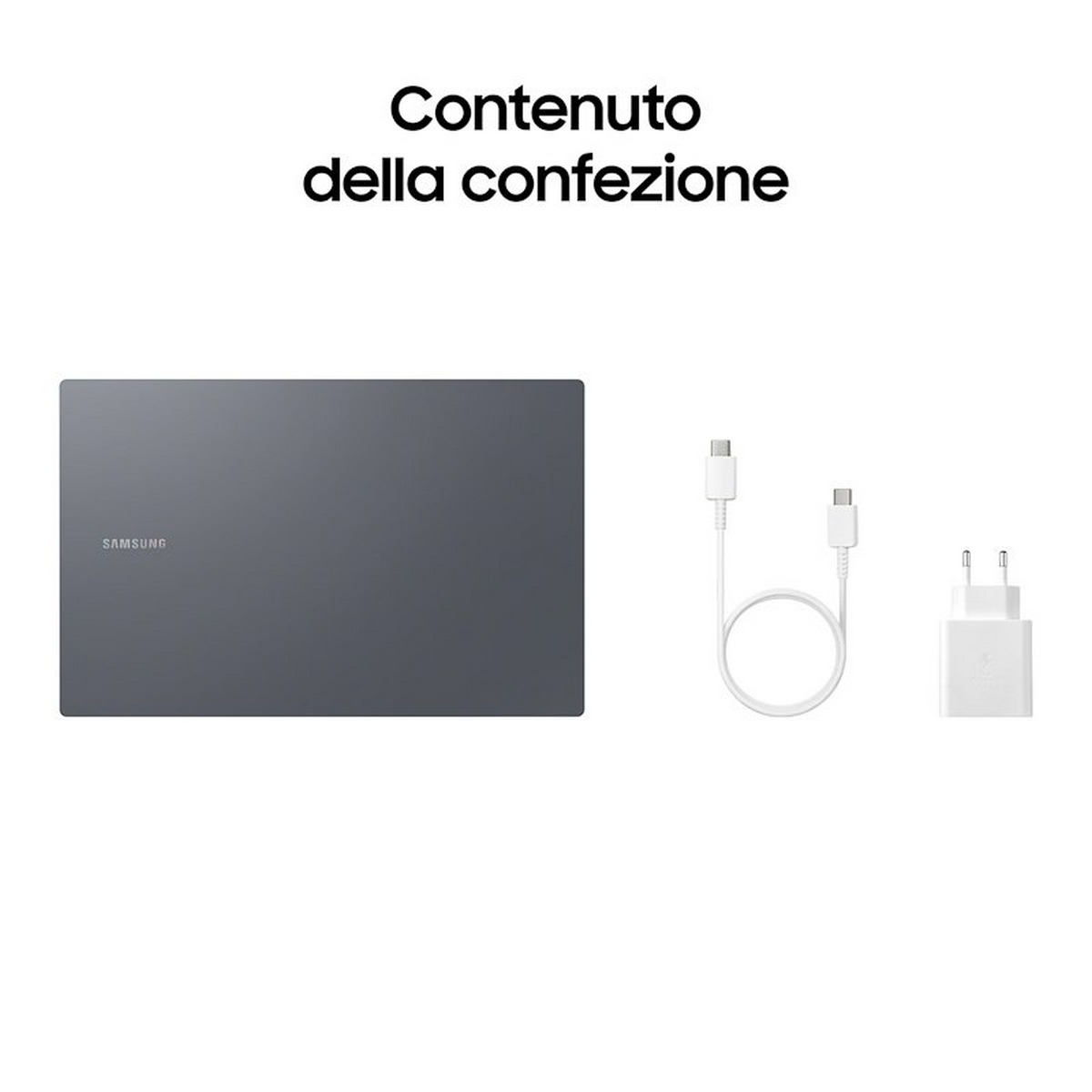 Contenuto confezione: tablet grigio, cavo ricarica e caricatore bianco su sfondo bianco.
