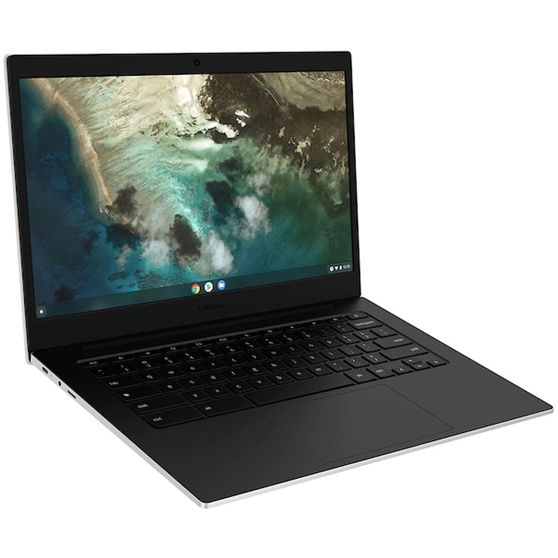 Laptop nero con bordi bianchi, tastiera, schermo che mostra un paesaggio. Sfondo bianco.