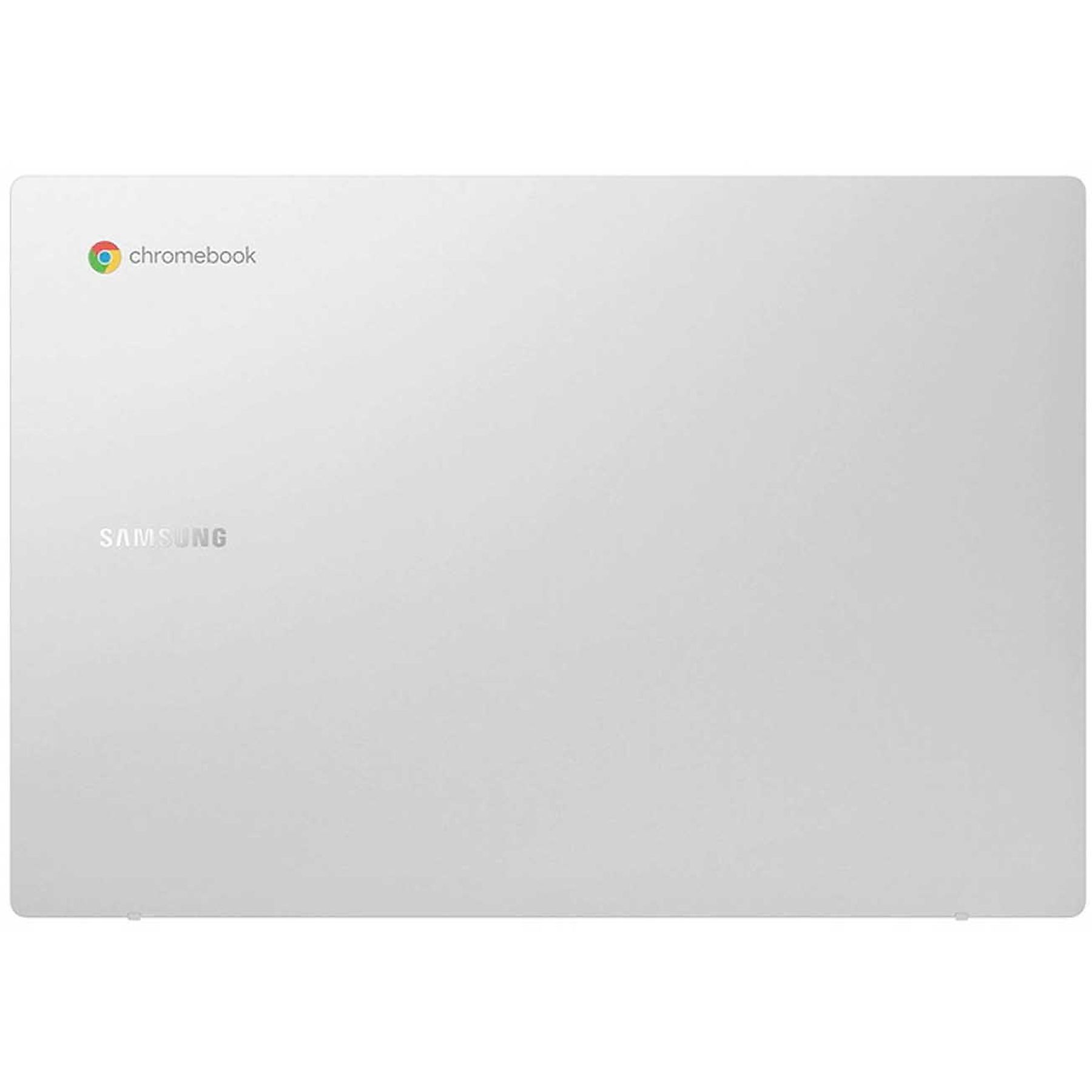 Un laptop Chromebook bianco con il logo Samsung e il logo Chromebook nell'angolo in alto a sinistra.
