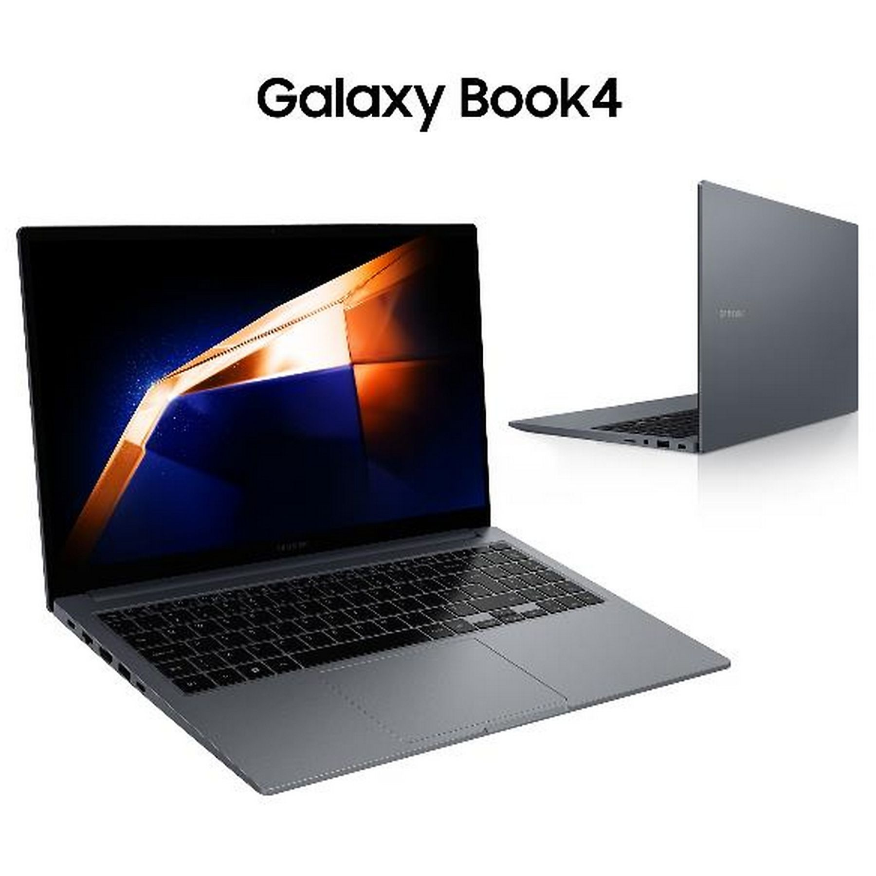 Un laptop Galaxy Book4 grigio è mostrato aperto con uno schermo scuro e chiuso sullo sfondo.