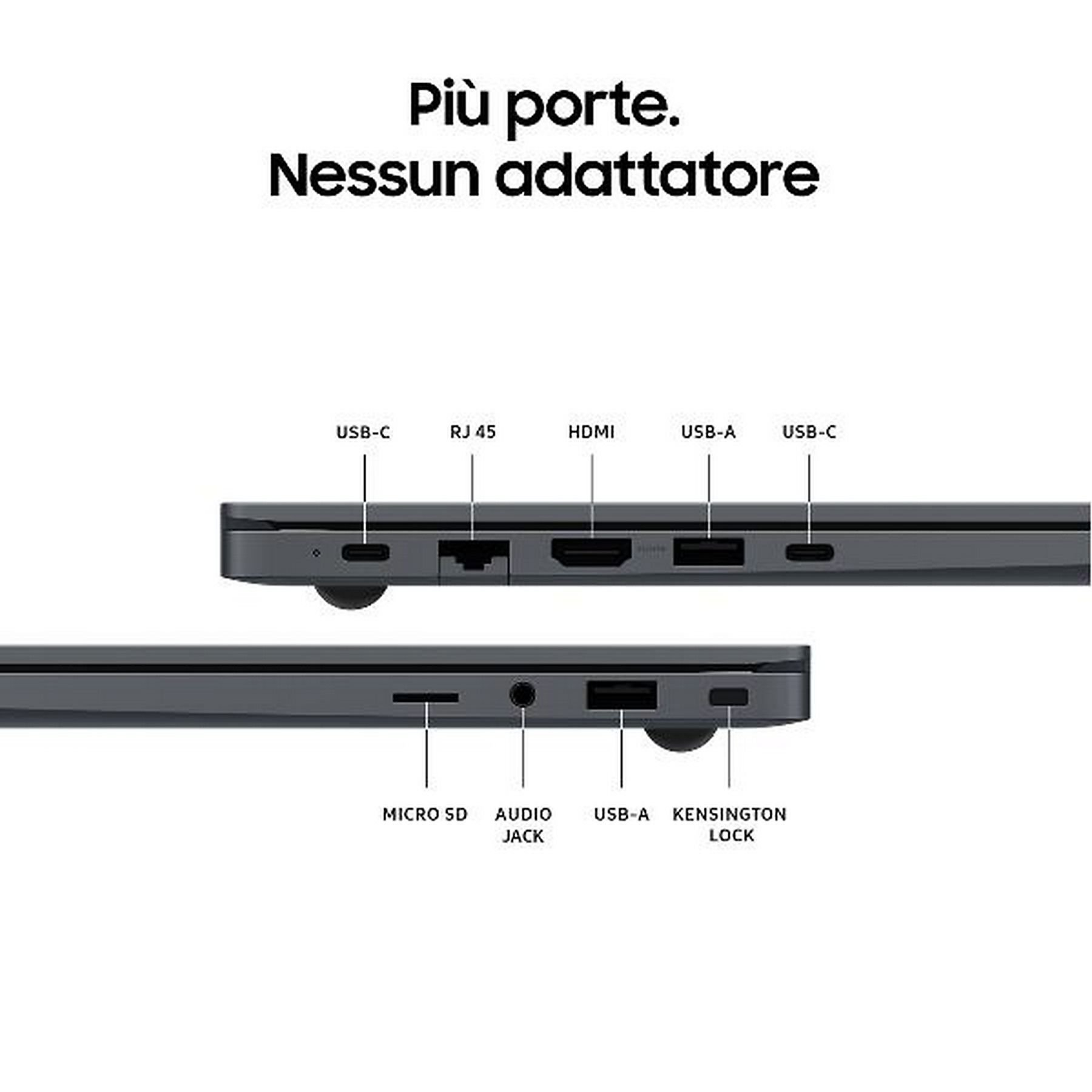 Un laptop con più porte, tra cui USB-C, RJ45, HDMI e altre.
