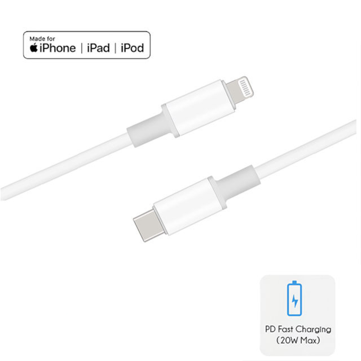 Zwei weiße Ladekabel, eines USB-C, eines Lightning, mit Logos für iPhone, iPad, iPod und PD Fast Charging.