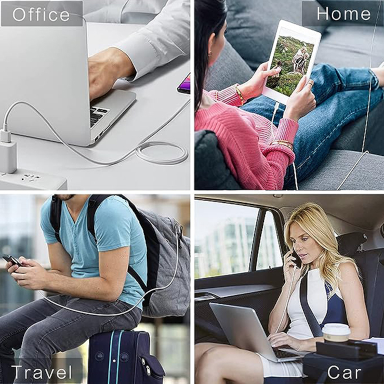 Vier Bilder von Personen, die Technologie nutzen: Laptop, Tablet und Smartphone in Büro, Zuhause, Reise und Auto.