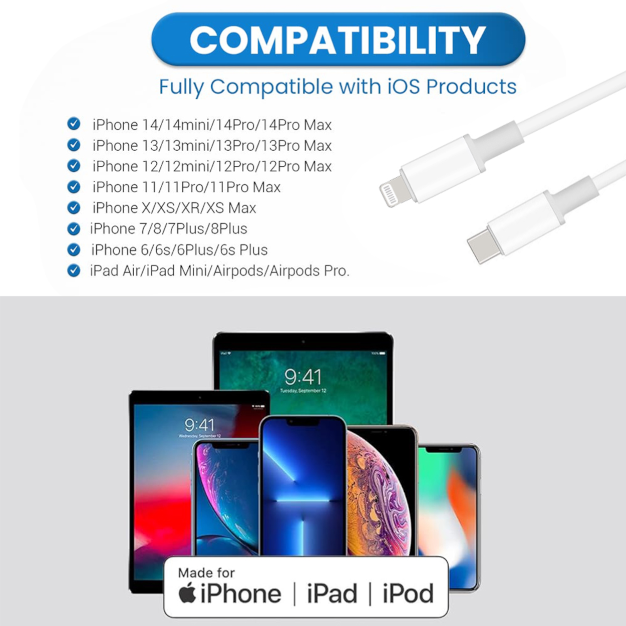 Eine Sammlung von iPhones, iPads und iPods mit weißem Ladekabel, das die Kompatibilität anzeigt.