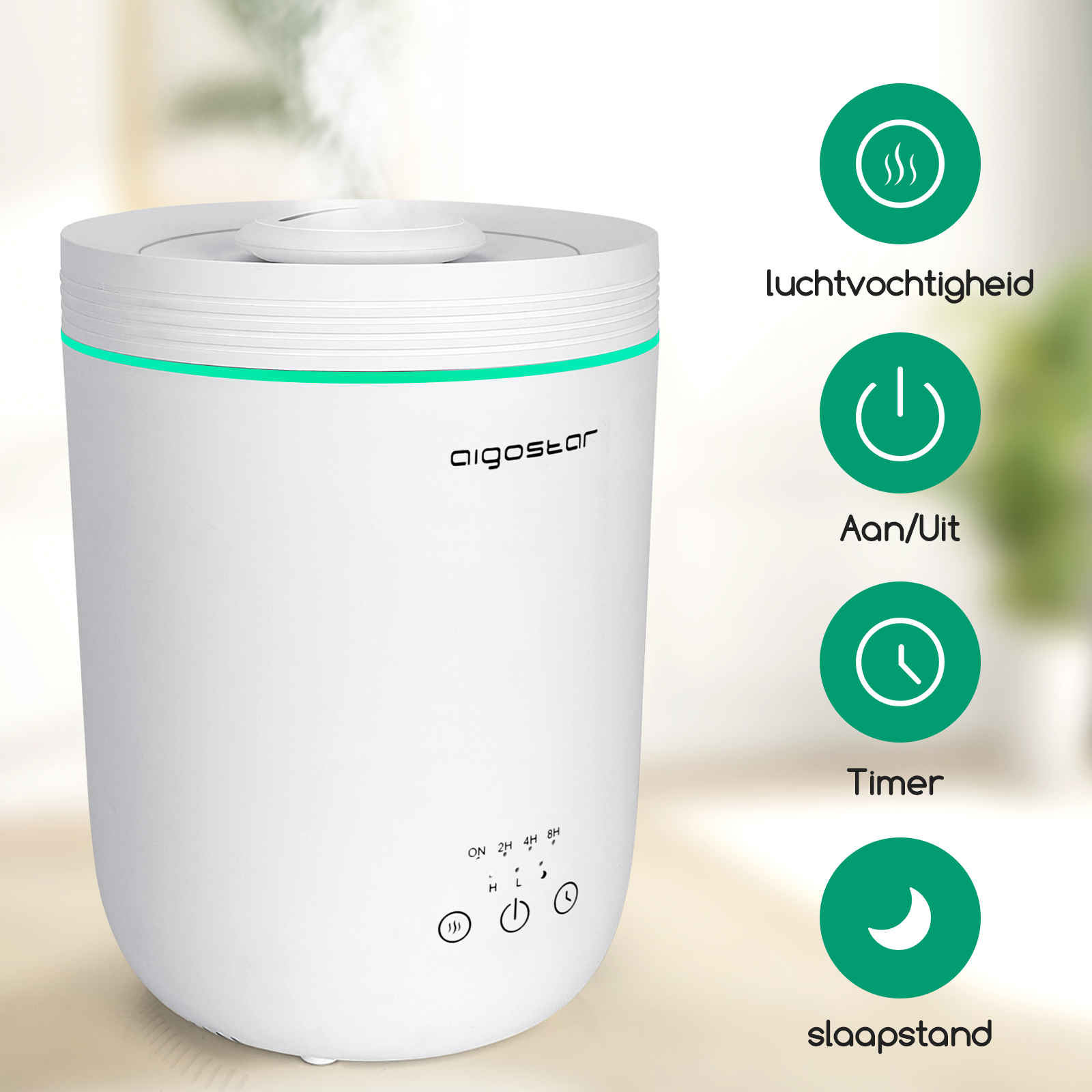 Humidificador de aire blanco. Iconos y botones de control. Luces verdes y vapor. Texto en el lateral.