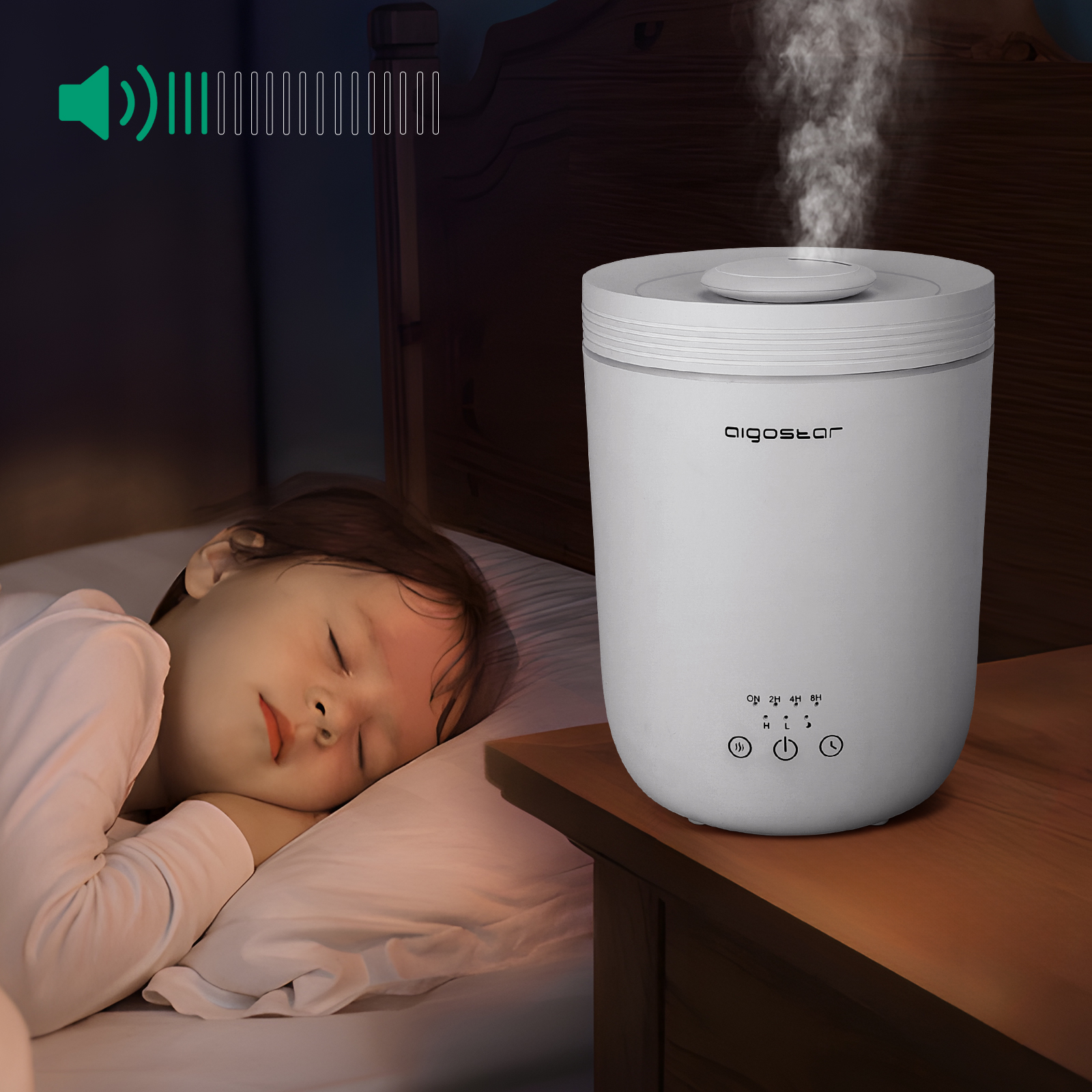 Una niña durmiendo junto a un humidificador blanco en una mesita de noche en un dormitorio.