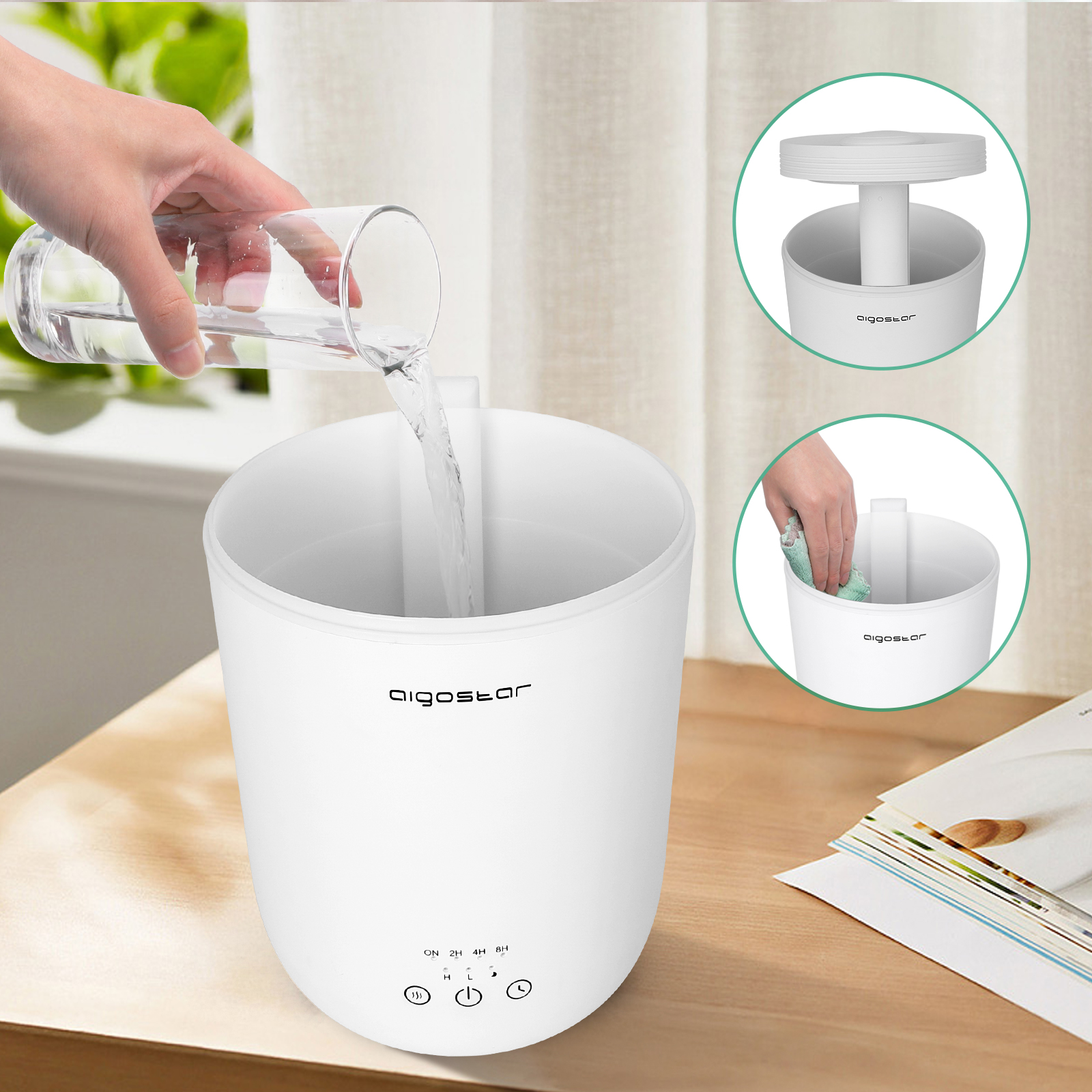 Un humidificador blanco. Una mano vierte agua. Hay dos vistas de cerca.