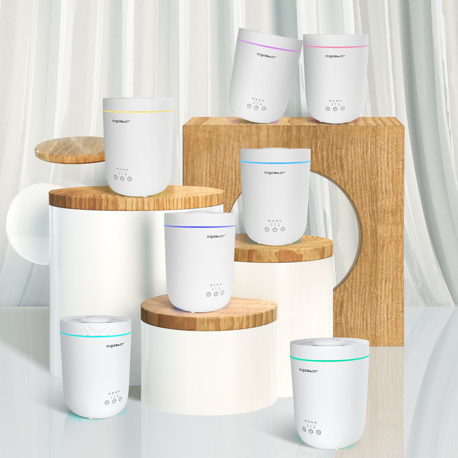 Siete purificadores de aire blancos con acentos de color en varias plataformas.
