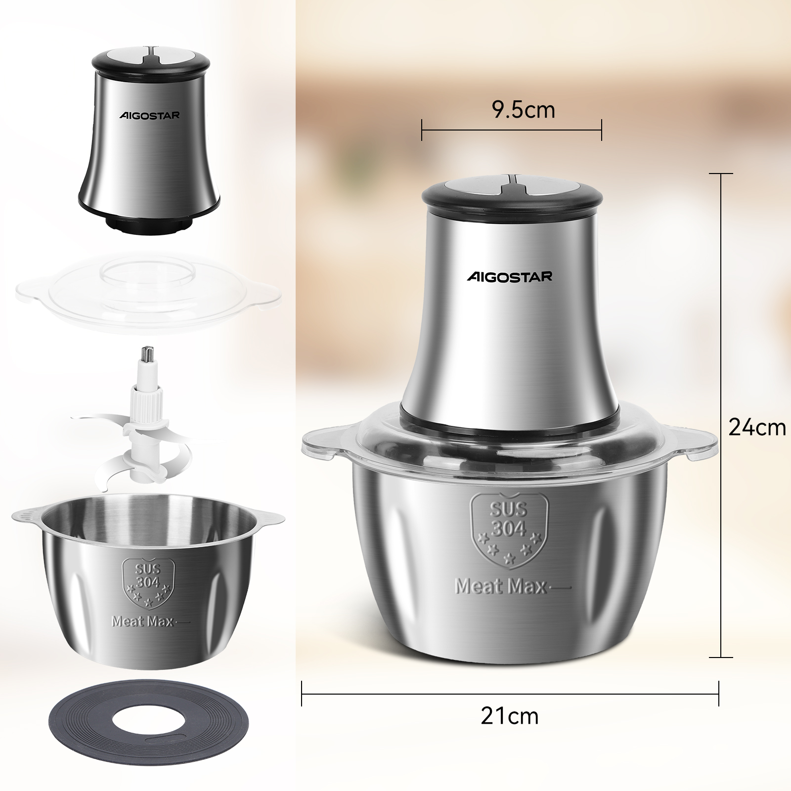 Un picador de alimentos AIGOSTAR desmontado, mostrando componentes, con dimensiones en cm.