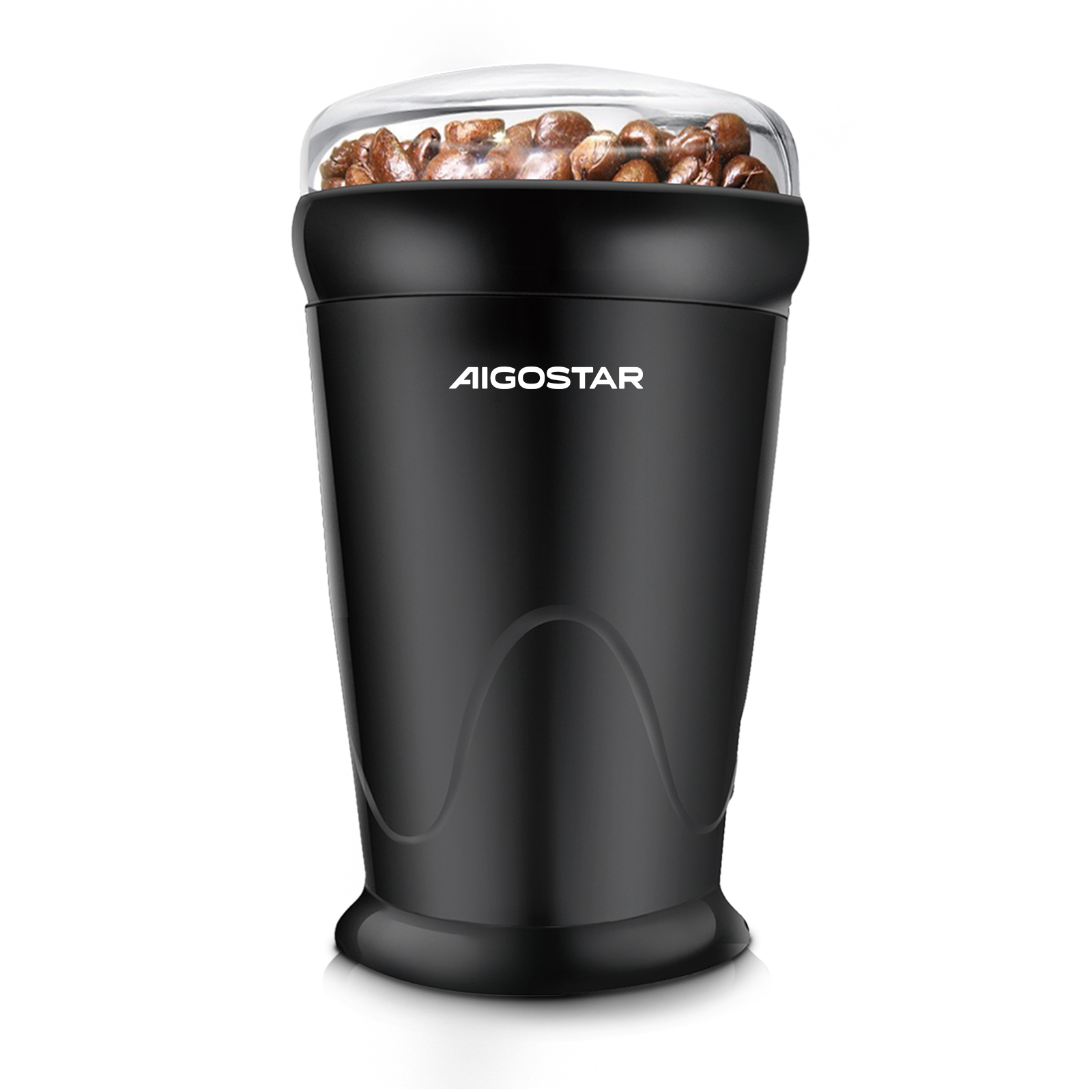 Un molinillo de café AIGOSTAR negro con tapa transparente llena de granos de café. Está sobre un fondo blanco.