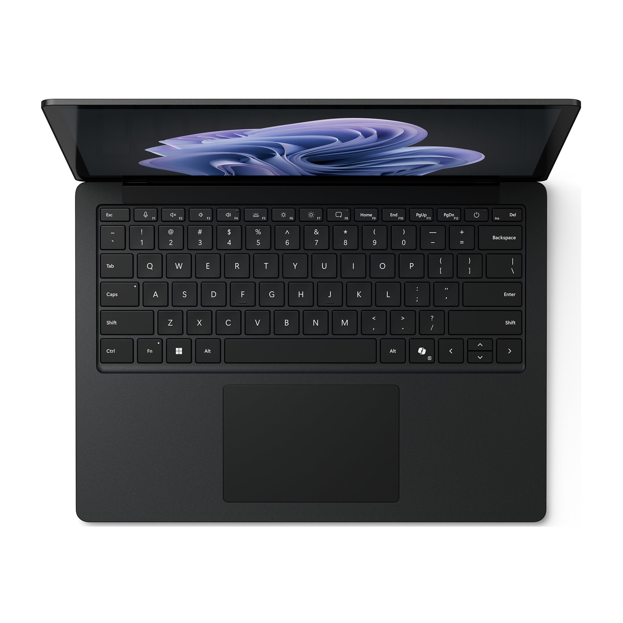 Vista dall'alto di un laptop nero con schermo aperto, tastiera e trackpad.