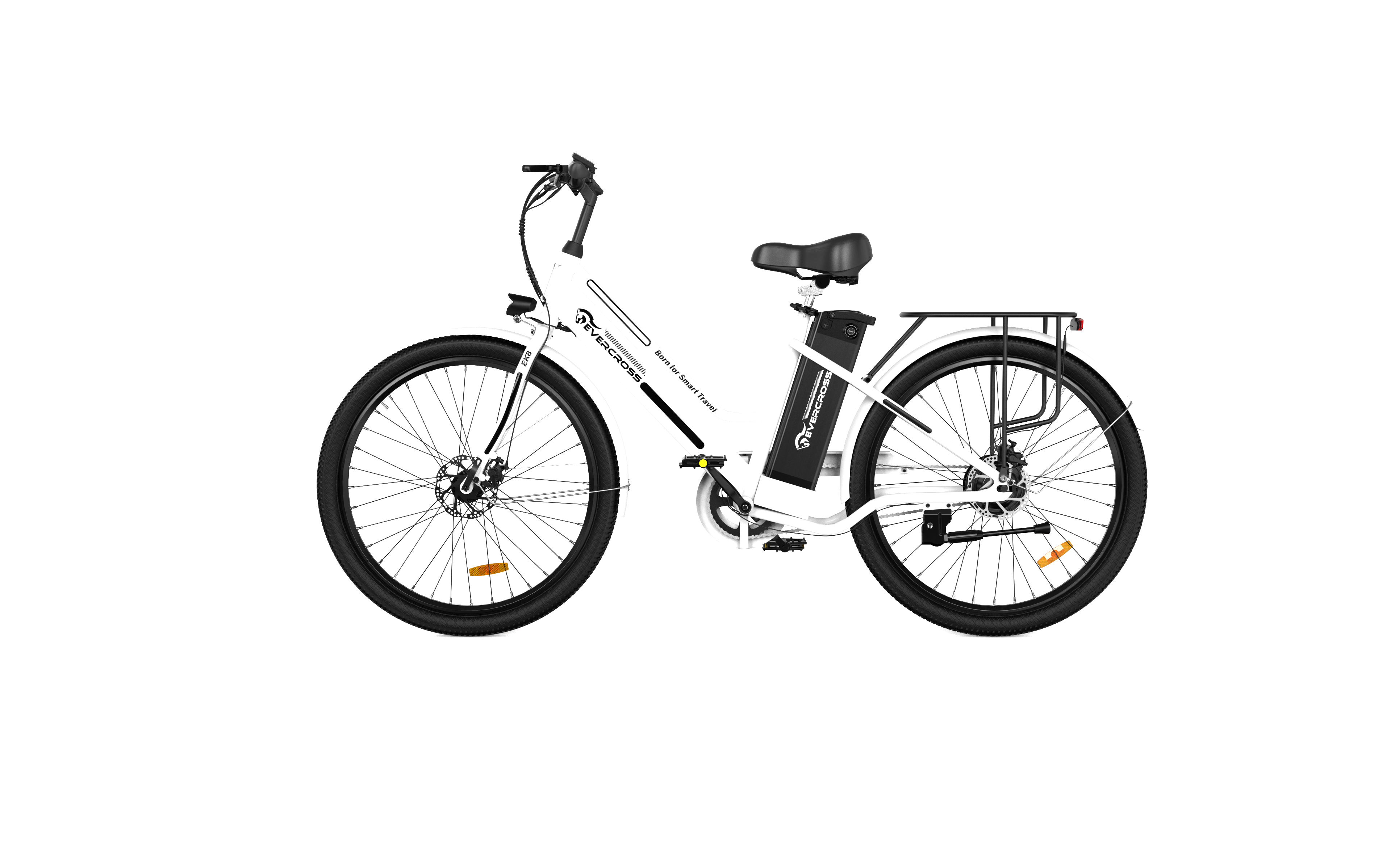 Bicicleta eléctrica blanca sobre fondo blanco.