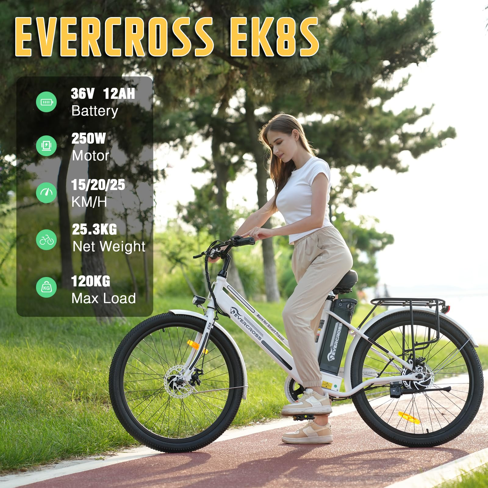 Kobieta jadąca rowerem elektrycznym Evercross EK8S na ścieżce, z wyświetlonymi specyfikacjami.