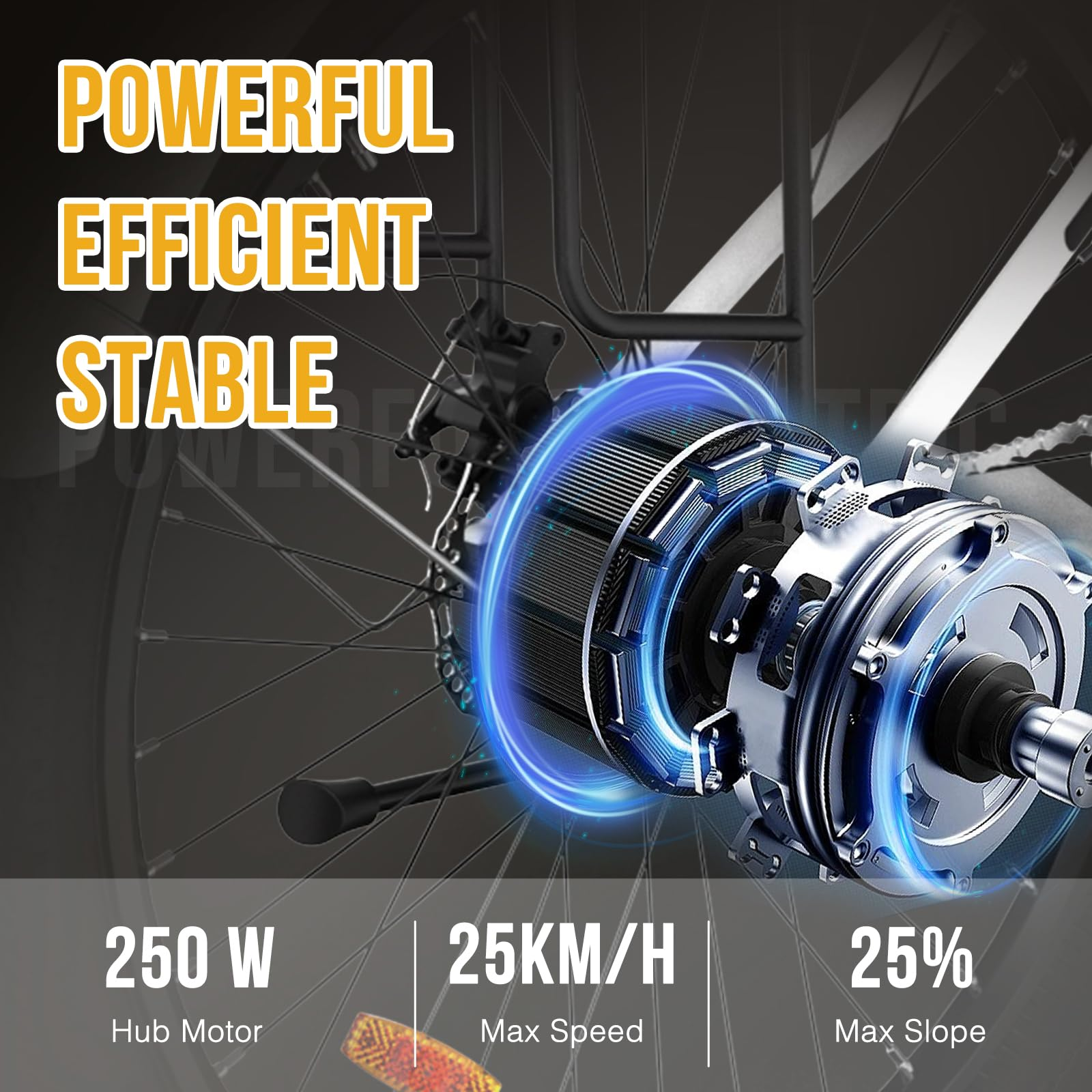 Zbliżenie silnika roweru, pokazujące silnik piasty 250 W, prędkość maks. 25 km/h i maks. nachylenie 25%.