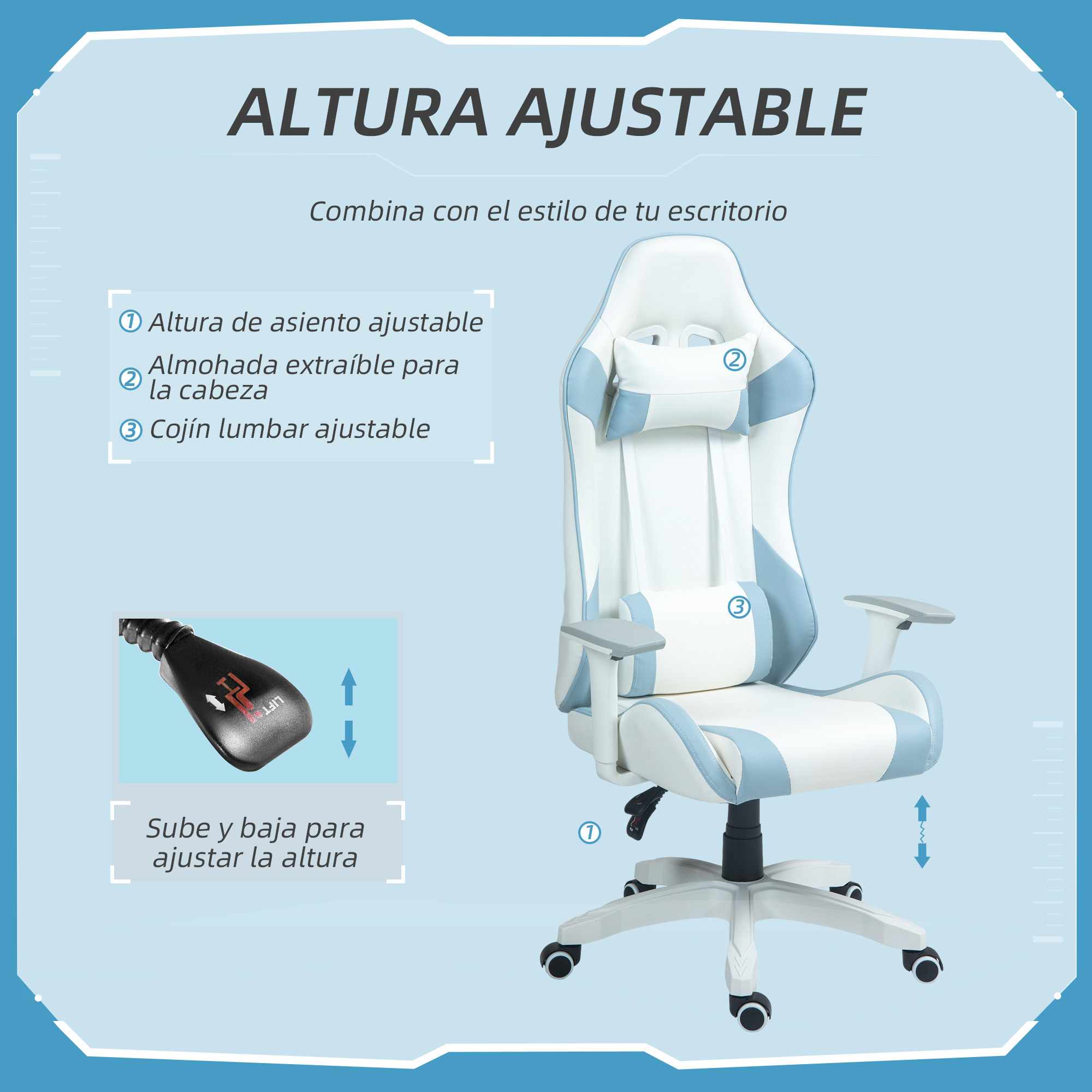 Silla gaming blanca y azul con funciones ajustables, incluyendo altura del asiento, reposacabezas y soporte lumbar.