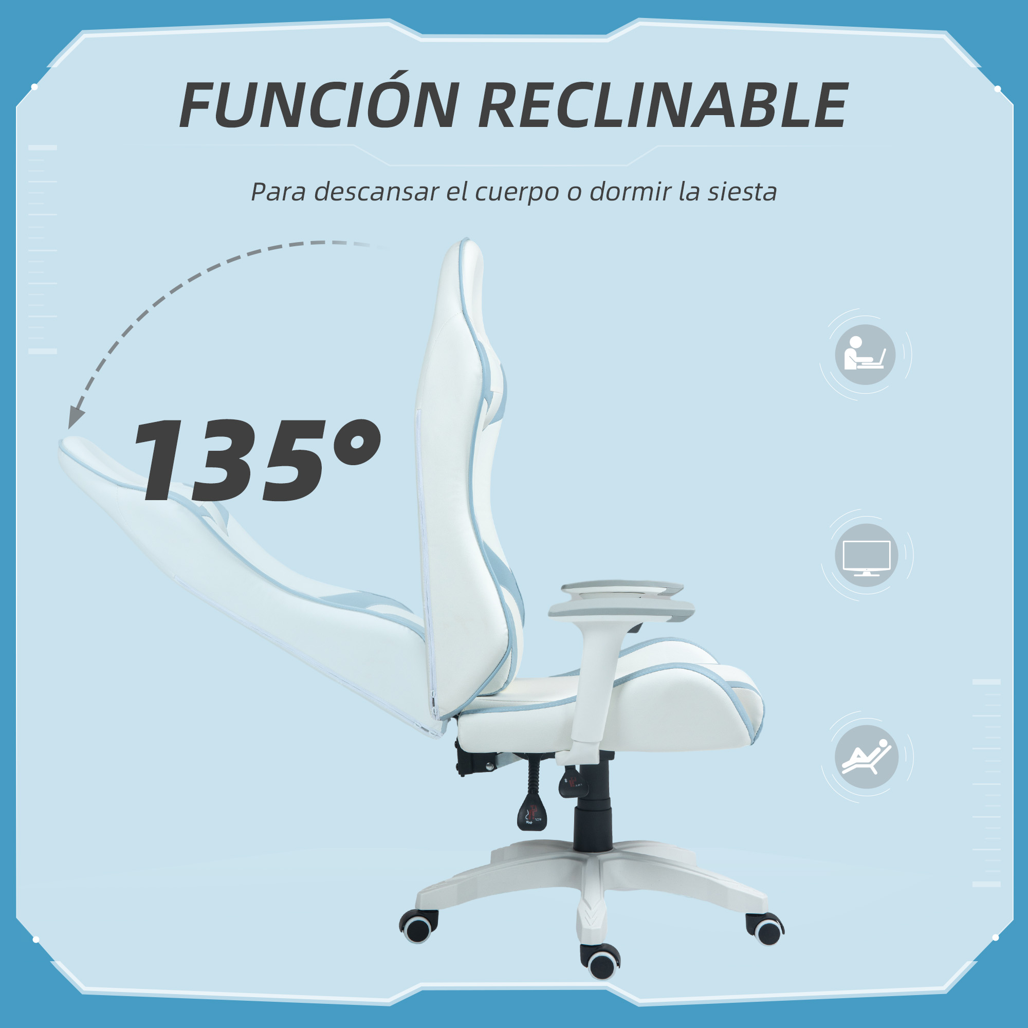 Una silla gamer blanca y azul reclinada a 135 grados, mostrando su función de reclinación para descansar.